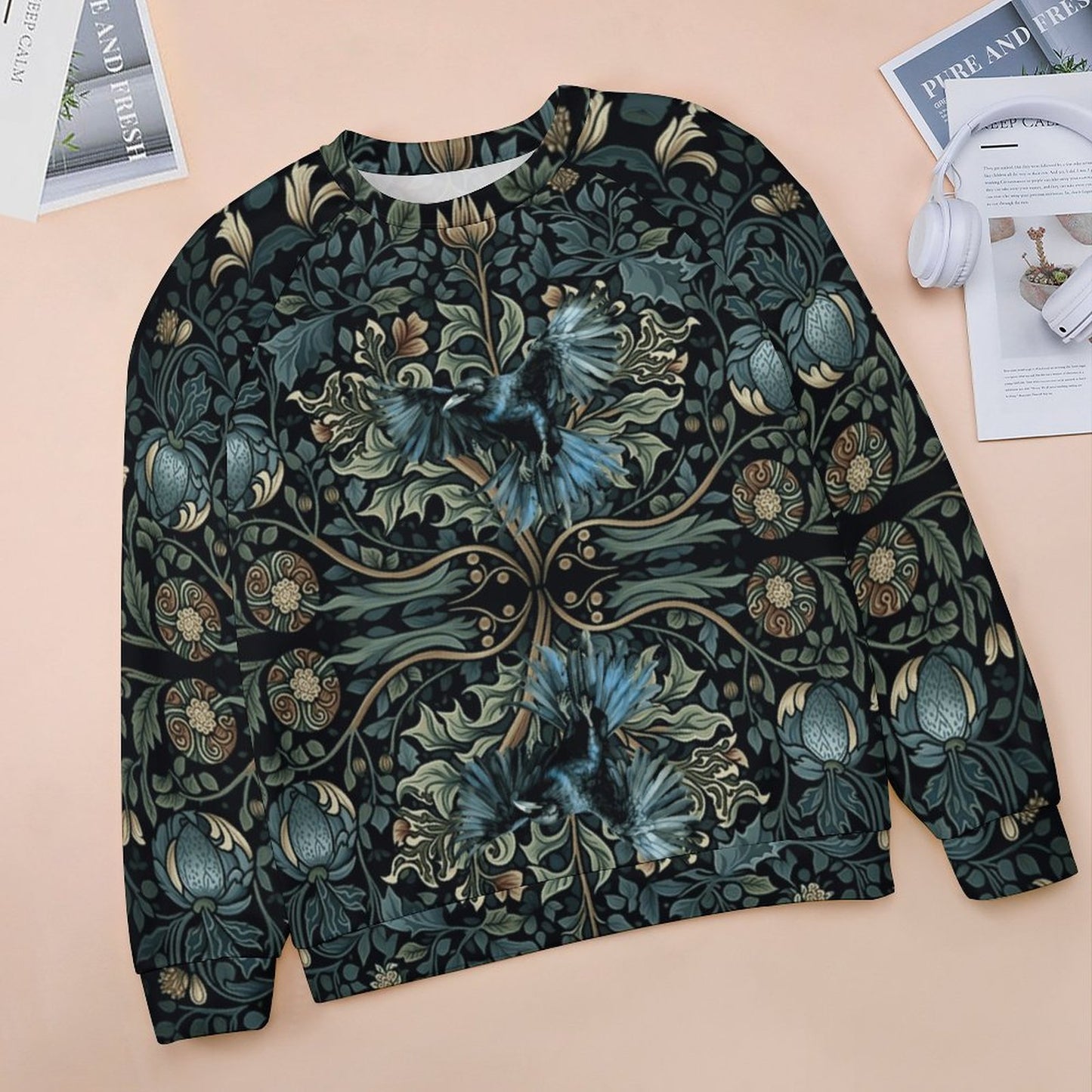 William Morris Inspired Crow in Greenery 280gsm Custom Sweatshirt Designs Raglan Style RHDEC2 (All-Over Printing)