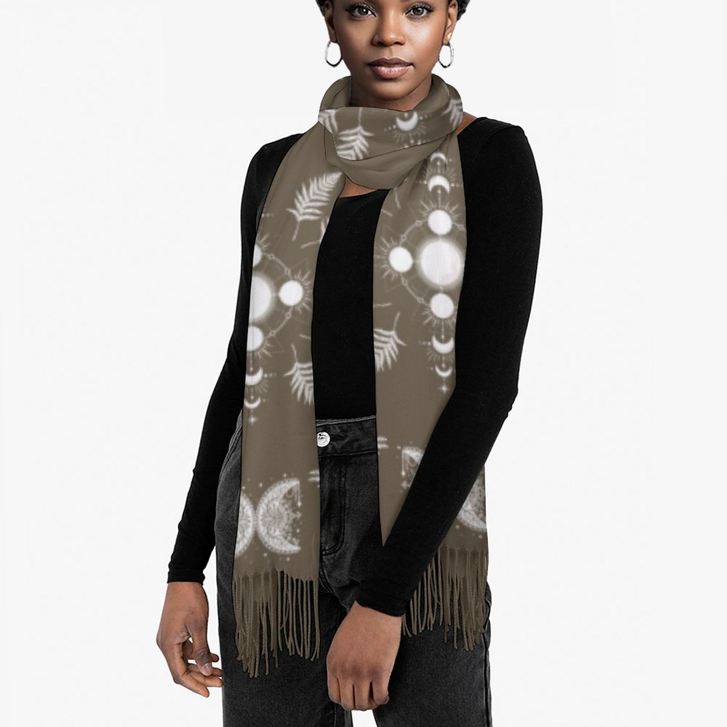 Celestial Crows in French Roast Cashmere-like Tassel Scarf, Raven Gothic Shawl