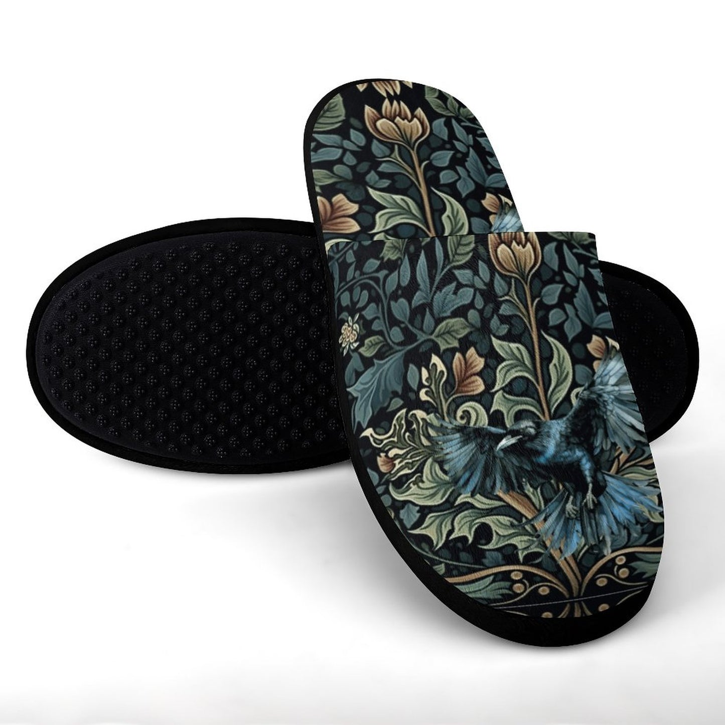Crow in Green Flannel Ladies Cotton Slippers