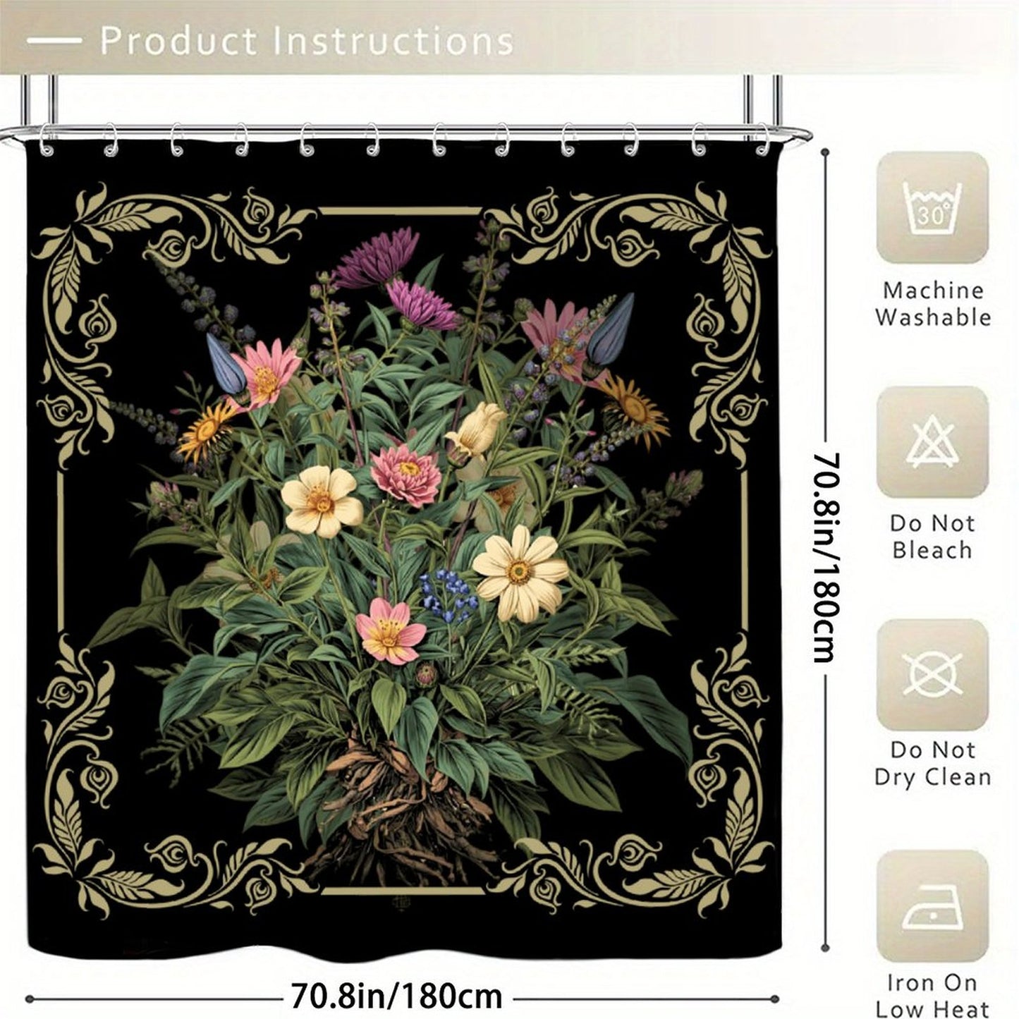 Black Poisonous Witchcraft Floral Waterproof Shower Curtain - Witchy Accessory
