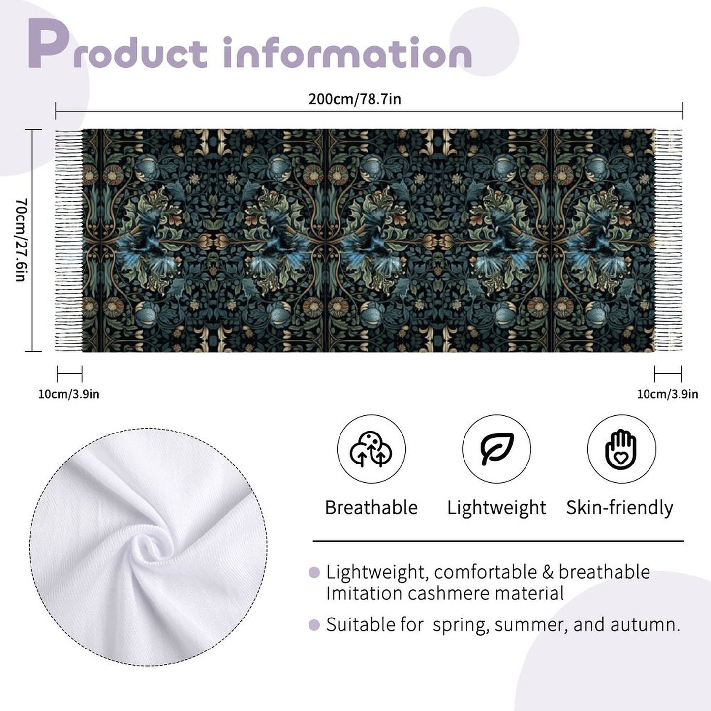 William Morris Inspired Crow Cashmere-like Tassel Scarf (All-Over Printing)