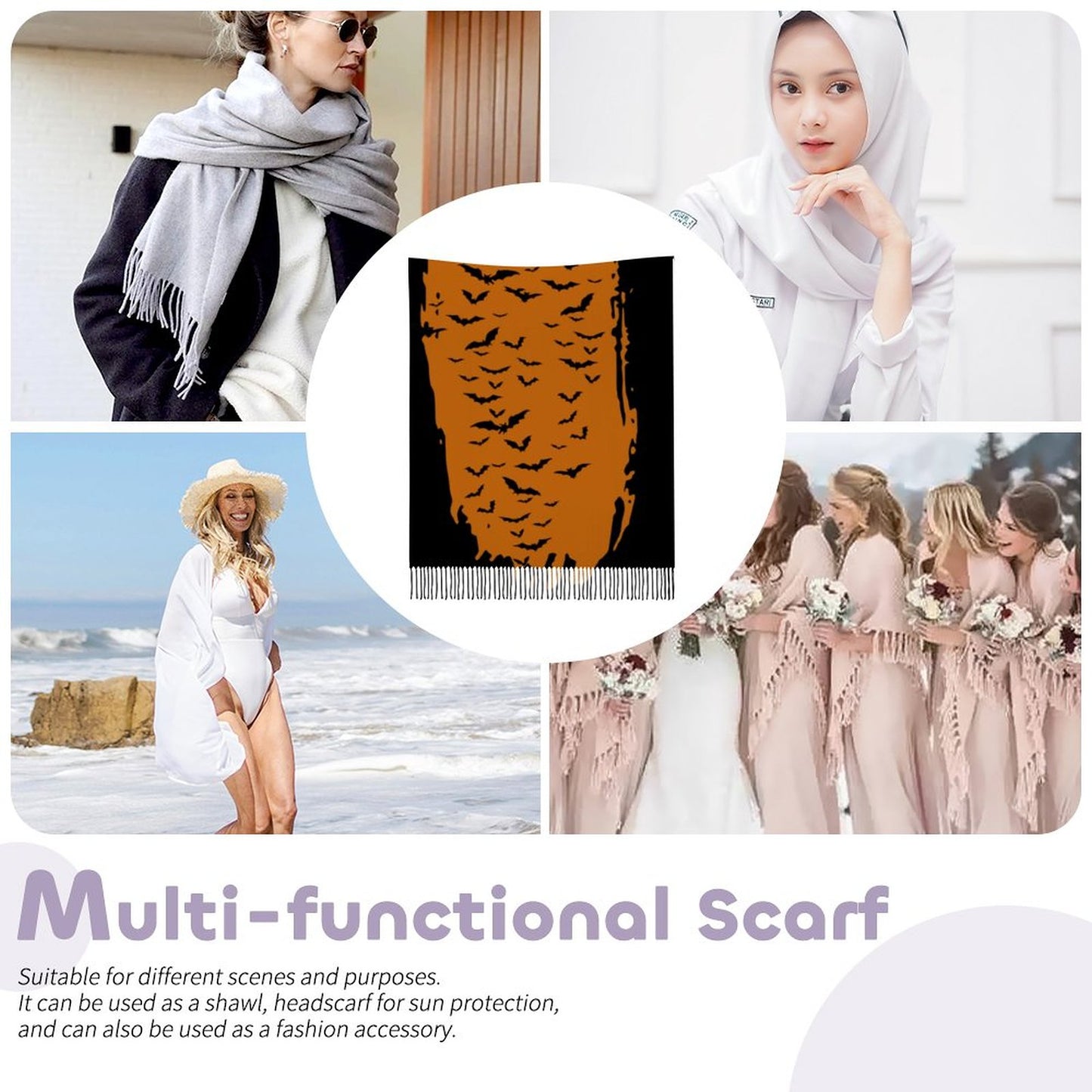 Cloud of Bats in Rust Cashmere-like Tassel Scarf (All-Over Printing)