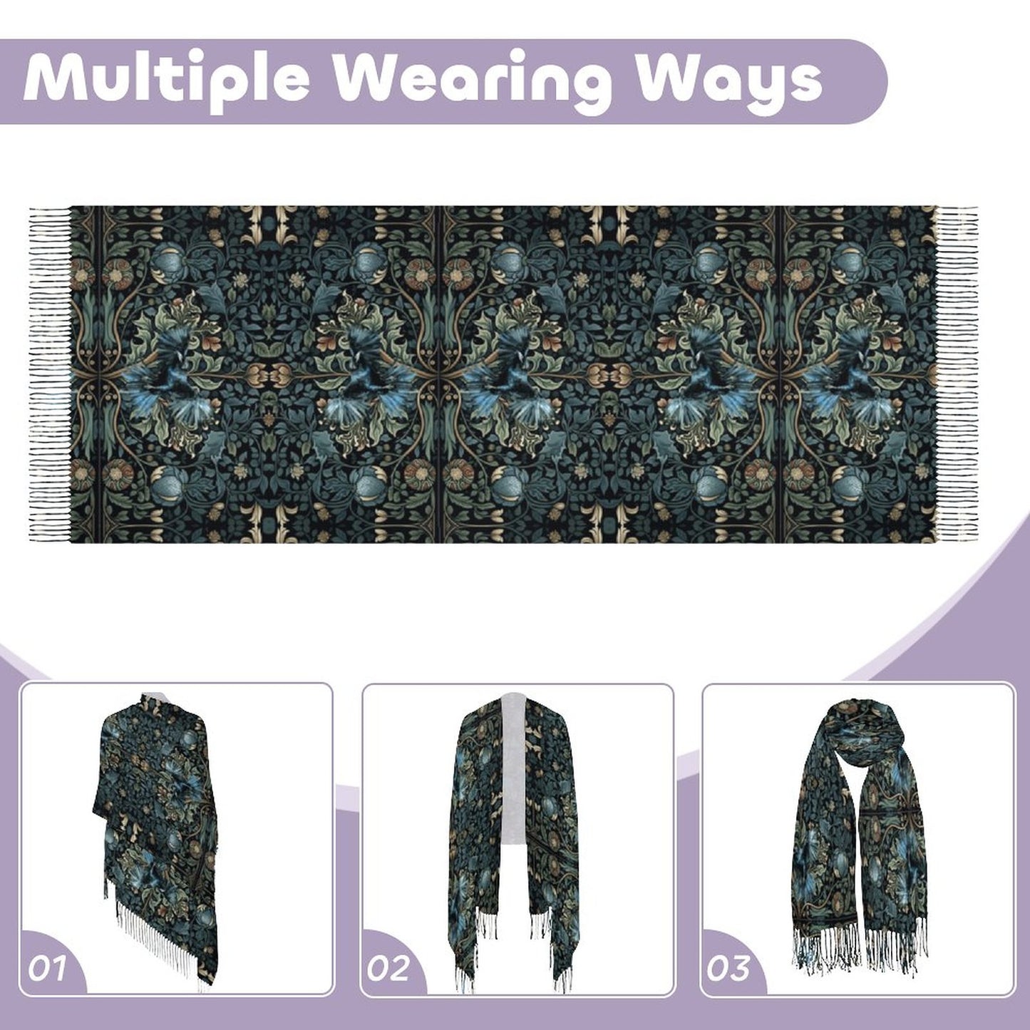 William Morris Inspired Crow Cashmere-like Tassel Scarf (All-Over Printing)