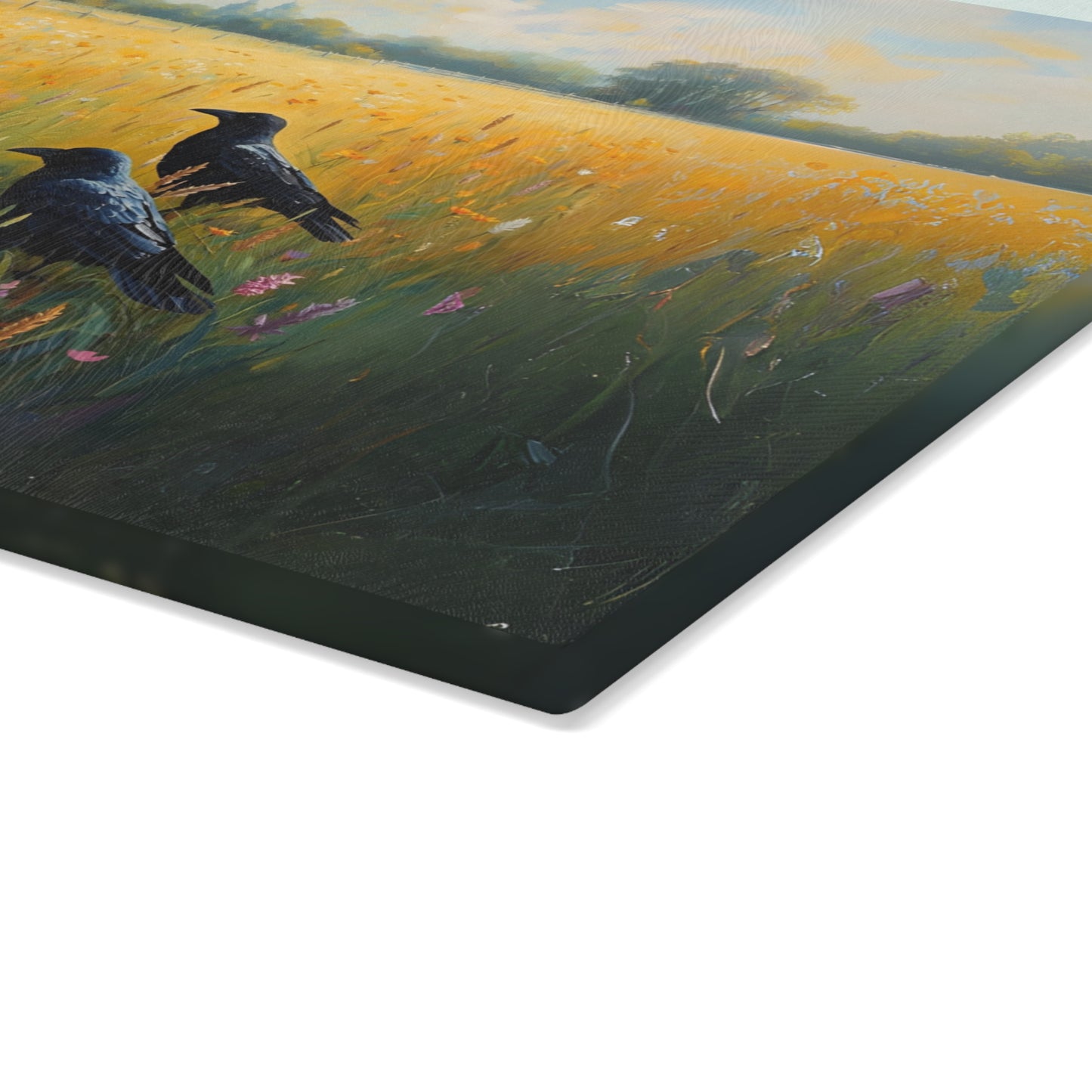 Crows in Sunlit Meadow Glass Cutting Board | Farmhouse Kitchen Decor