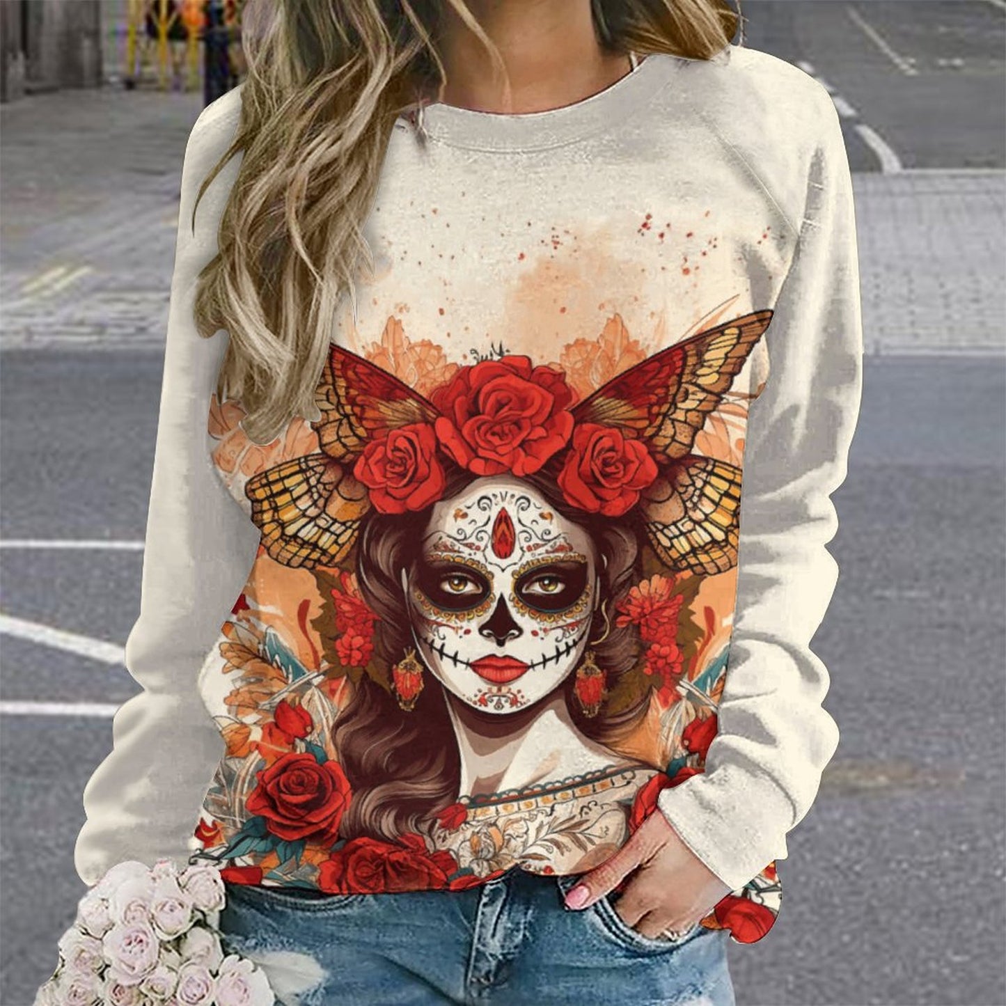 Day of Dead Fall 280gsm Custom Sweatshirt Designs Raglan Style RHDEC2 (All-Over Printing)
