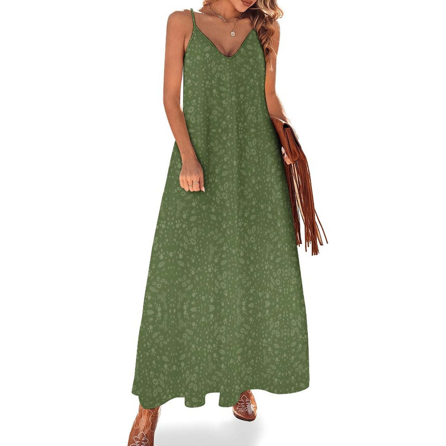 Green Floral Ankle-length Slip Dress BDQ (All-Over Printing)
