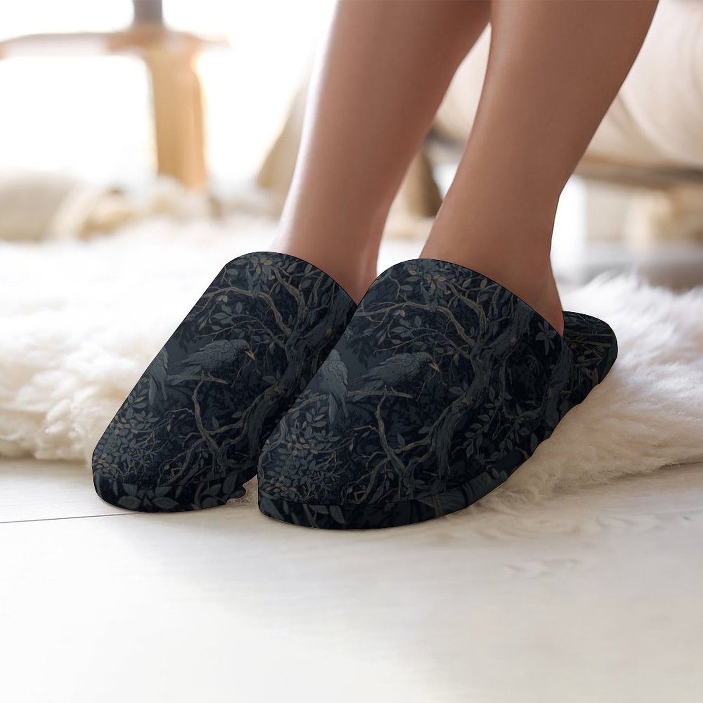 William Morris Inspired Crows Flannel Ladies Cotton Slippers