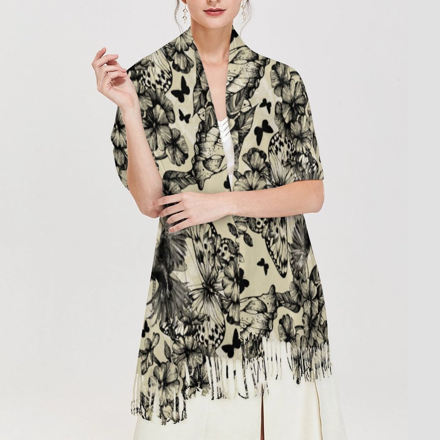 Crows in Flight Cashmere-like Tassel Scarf (All-Over Printing)