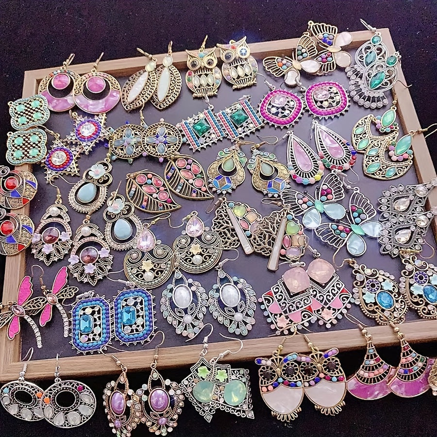 20 Pairs/Pack Vintage Gemstone Inlaid Alloy Boho Earrings