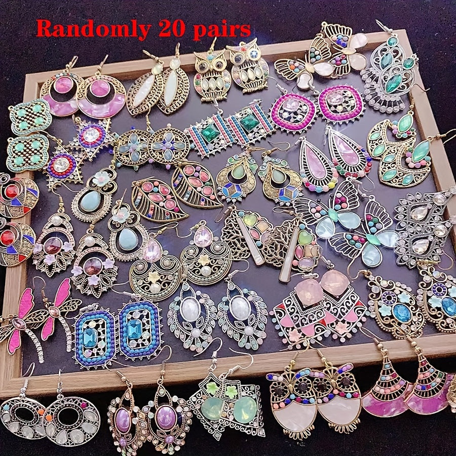 20 Pairs/Pack Vintage Gemstone Inlaid Alloy Boho Earrings