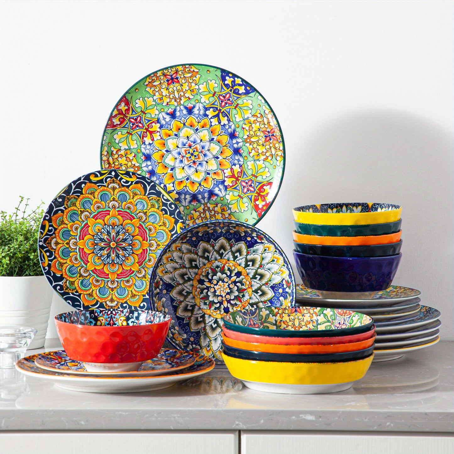 24 Pieces Bohemian Style Porcelain Dinnerware Sets, Dishes Set for 6