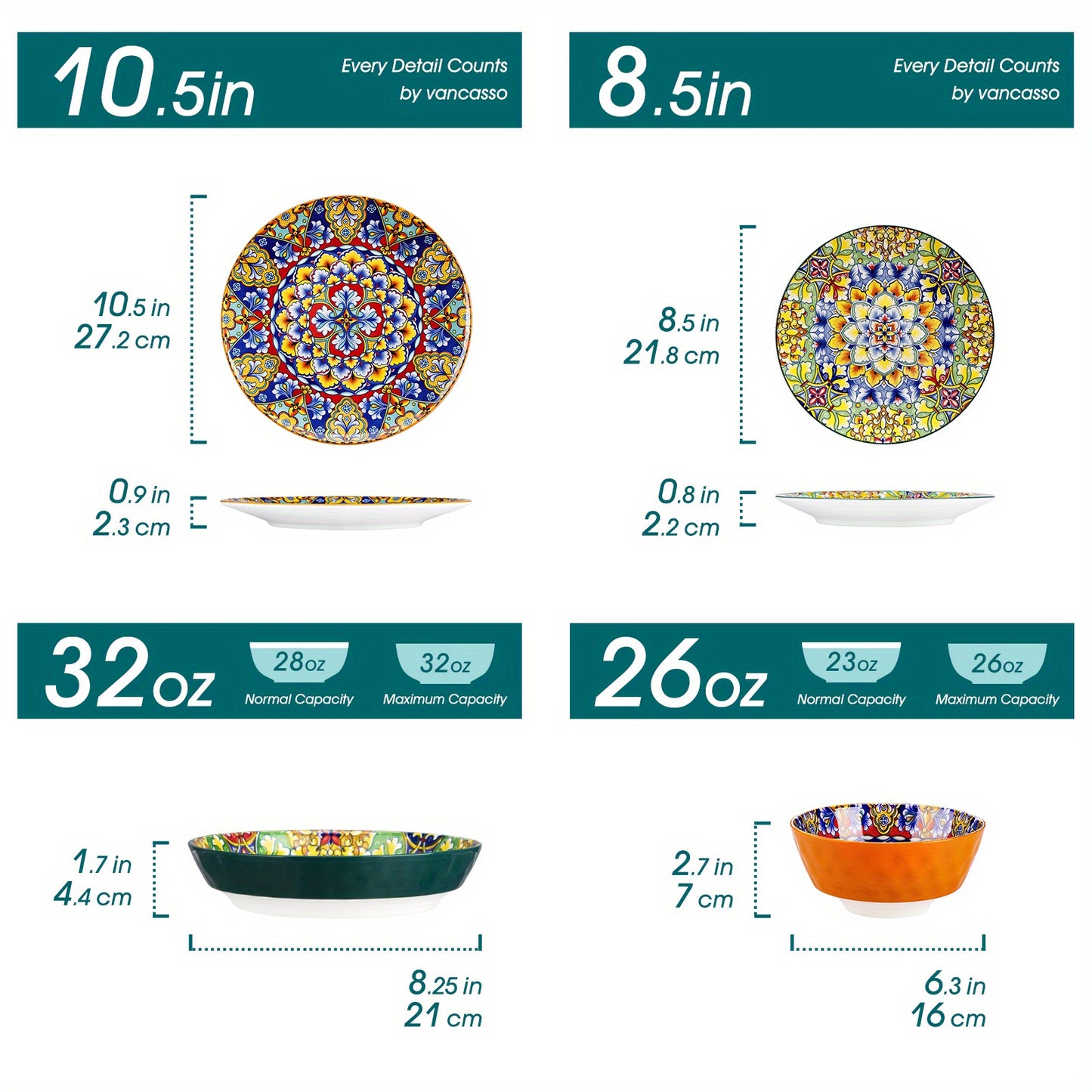 24 Pieces Bohemian Style Porcelain Dinnerware Sets, Dishes Set for 6
