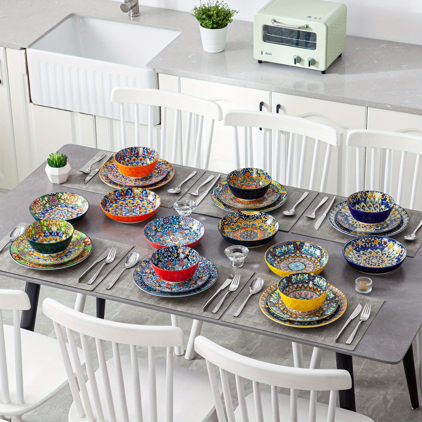 24 Pieces Bohemian Style Porcelain Dinnerware Sets, Dishes Set for 6
