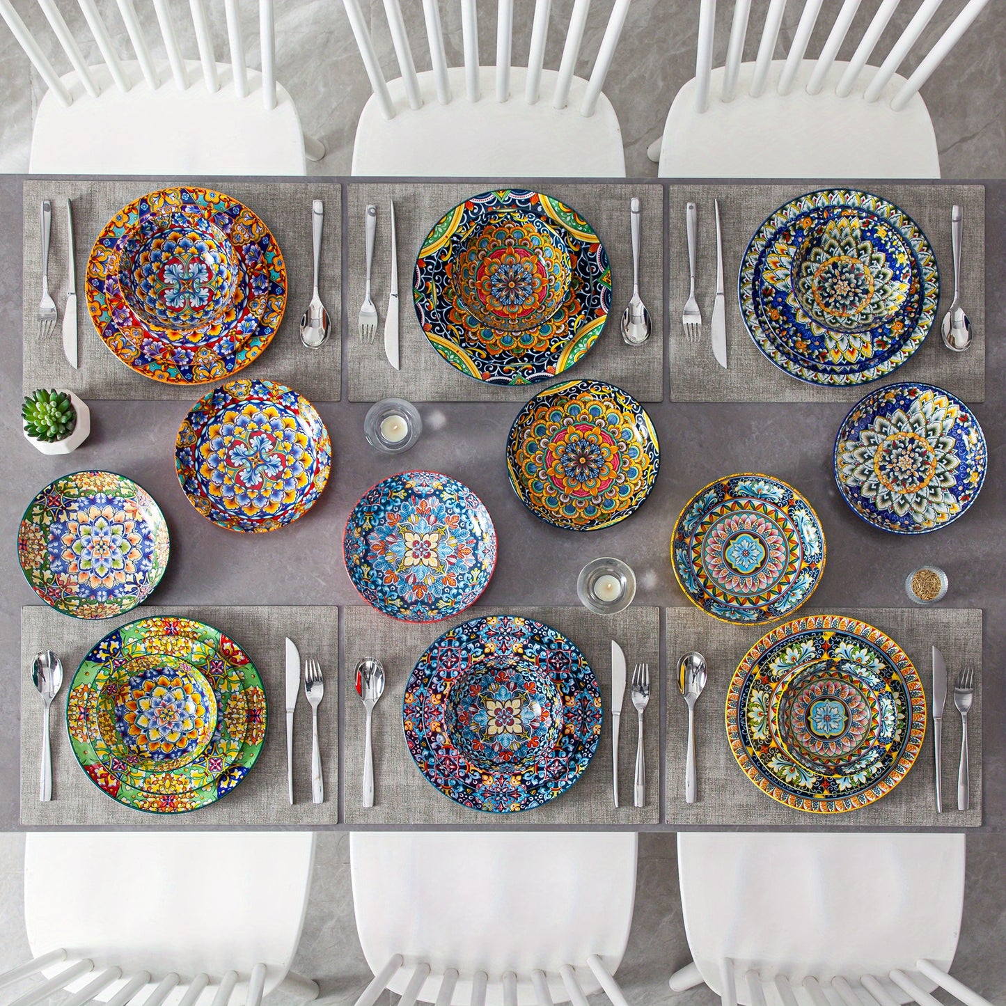 24 Pieces Bohemian Style Porcelain Dinnerware Sets, Dishes Set for 6