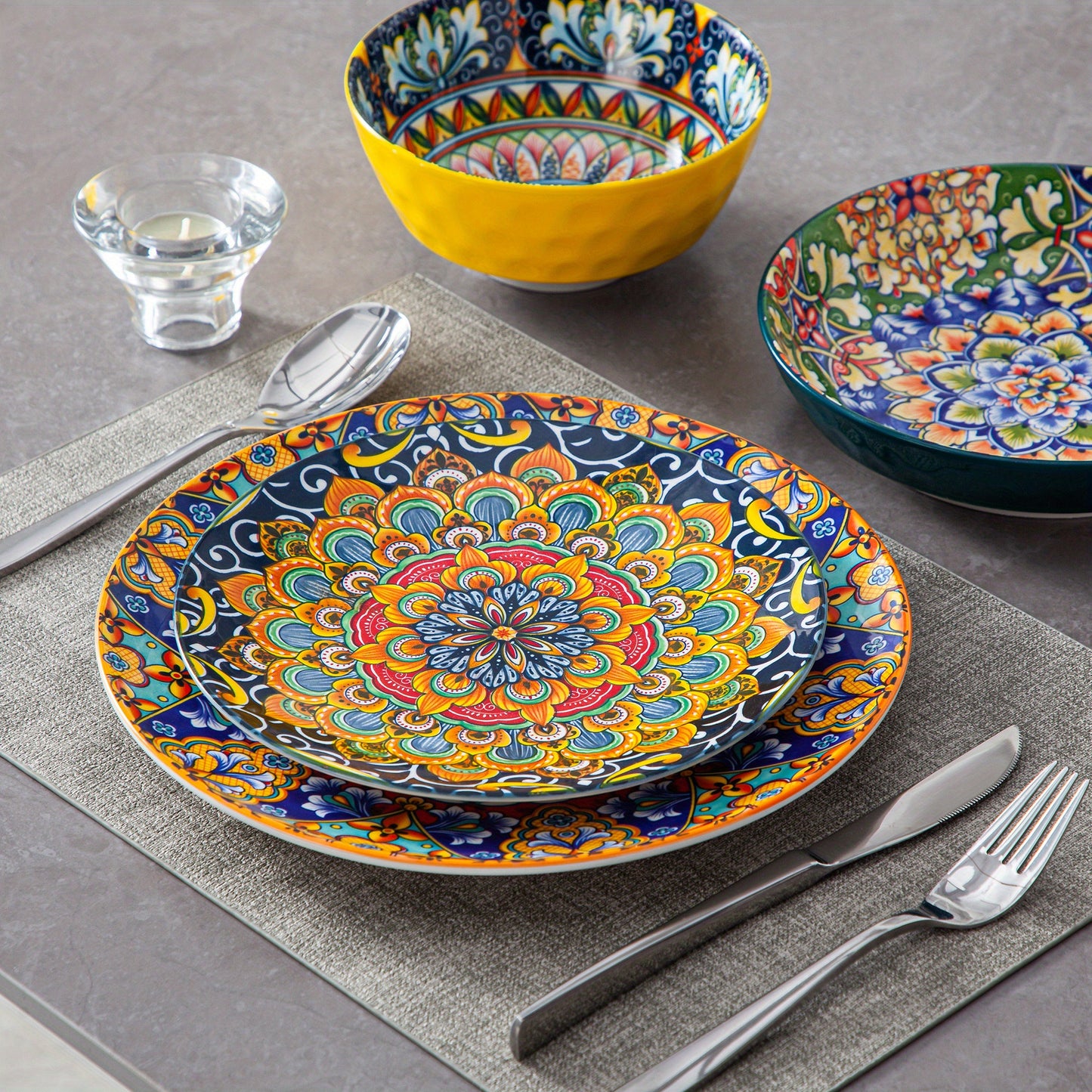24 Pieces Bohemian Style Porcelain Dinnerware Sets, Dishes Set for 6