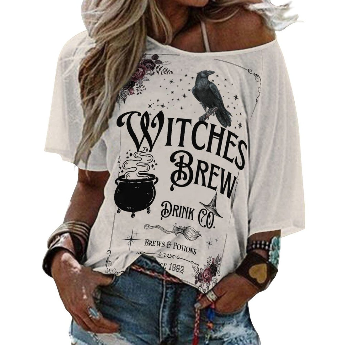 Witches Brew Lightweight 180gsm Women’s Off the Shoulder Half-Sleeve T-shirt BAT (All-Over Printing)