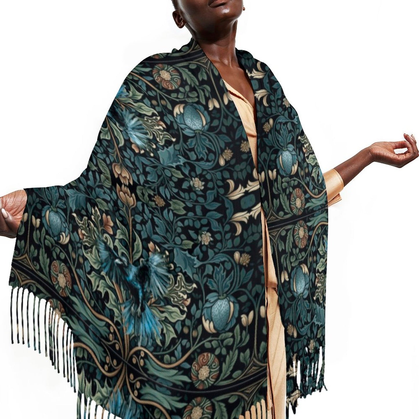 William Morris Inspired Crow Cashmere-like Tassel Scarf (All-Over Printing)