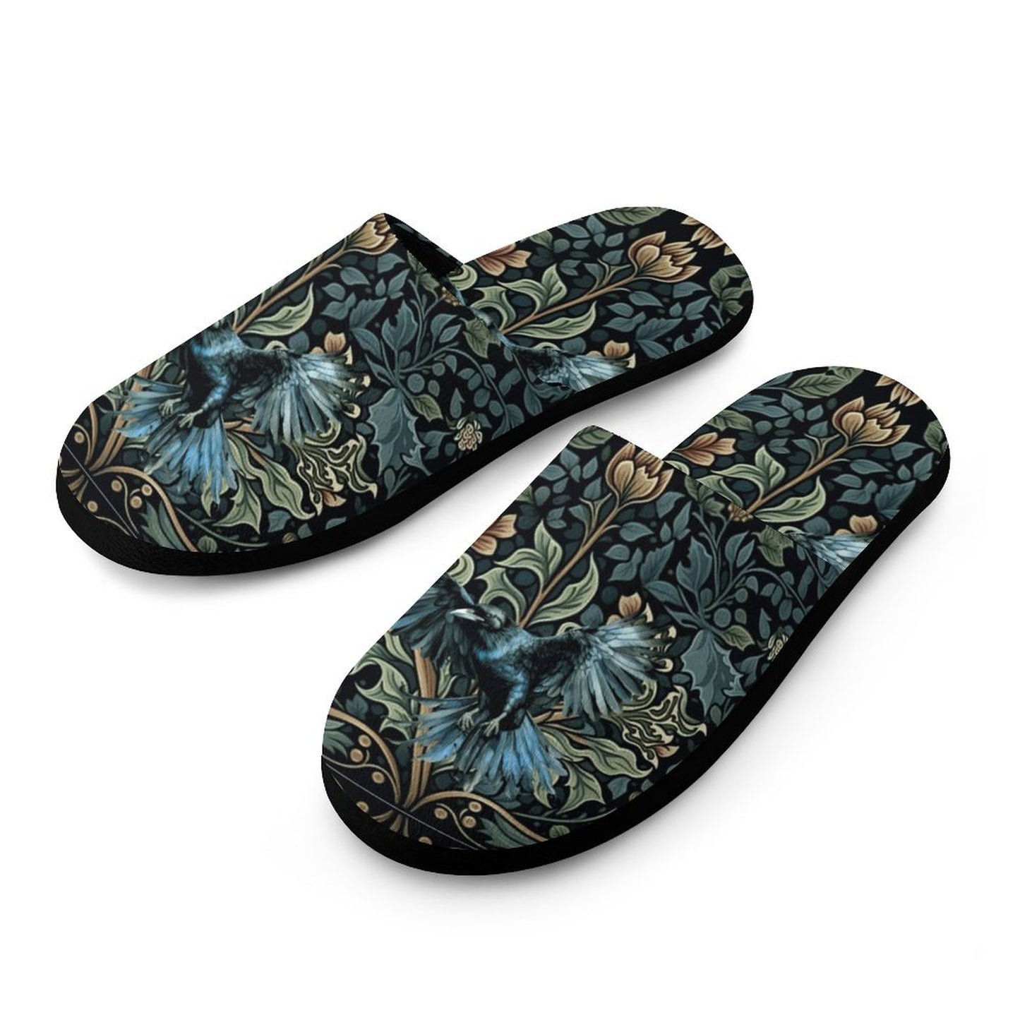 Crow in Green Flannel Ladies Cotton Slippers