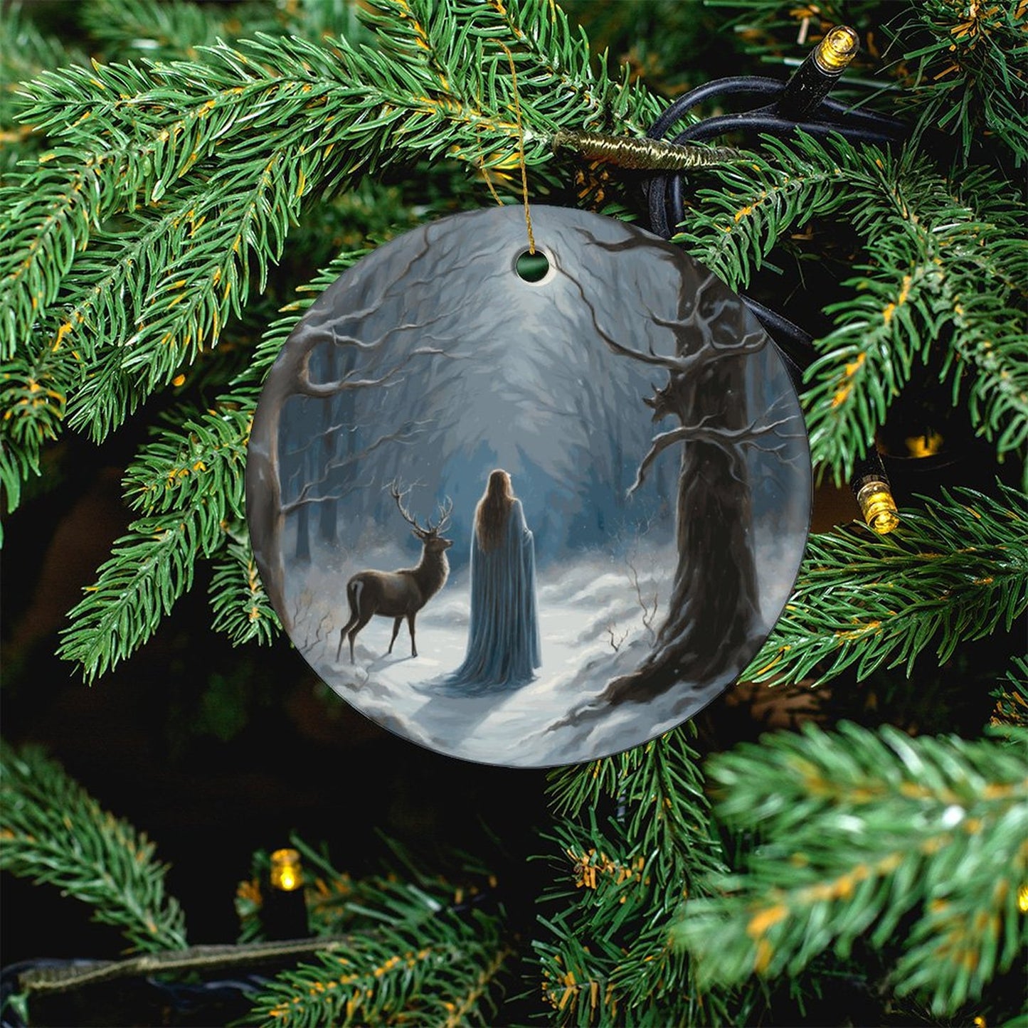 Yule Moon Round Christmas Ceramic Ornament