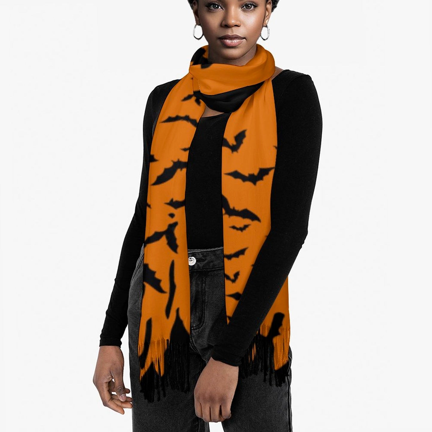 Cloud of Bats in Rust Cashmere-like Tassel Scarf (All-Over Printing)