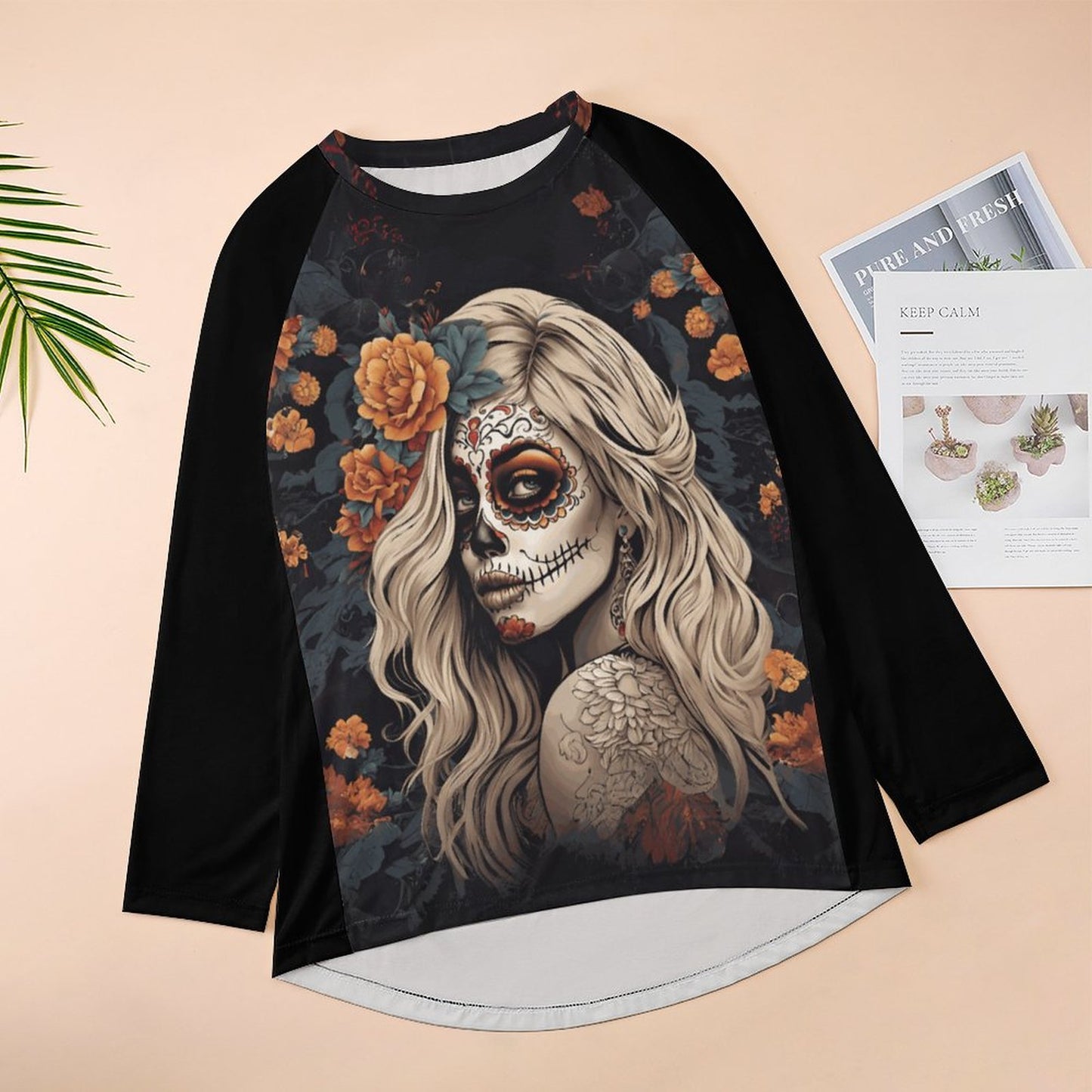 Day of the Dead Floral Custom Women's Long Sleeve U-Neck T-Shirts (All-Over Printing)