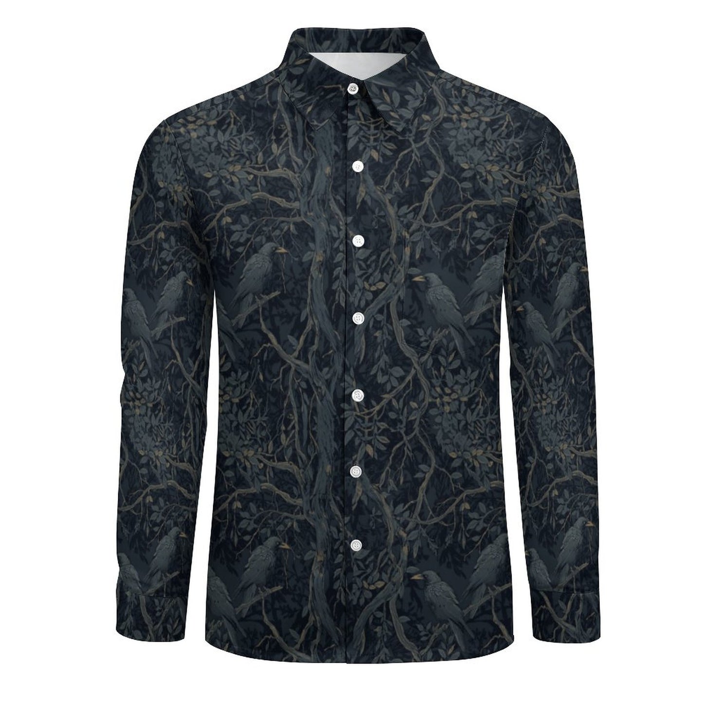 William Morris Crows Faux Linen Men Long Sleeve Shirt with Pocket LS (All-Over Printing)
