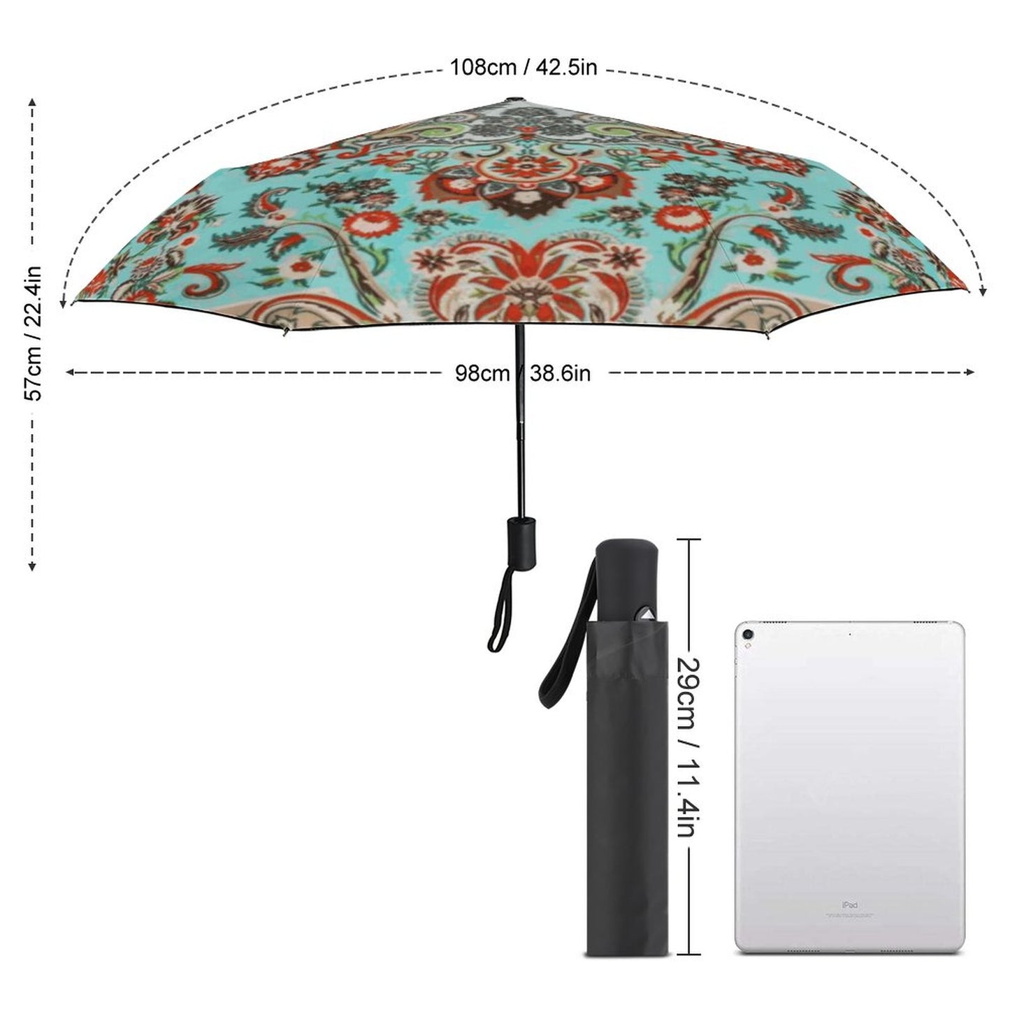 Turquoise Paisley Auto Umbrella with Printed Pattern Outside ZYS03-8K
