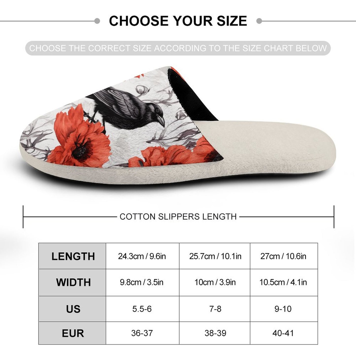 Crow and Poppies Flannel Ladies Cotton Slippers
