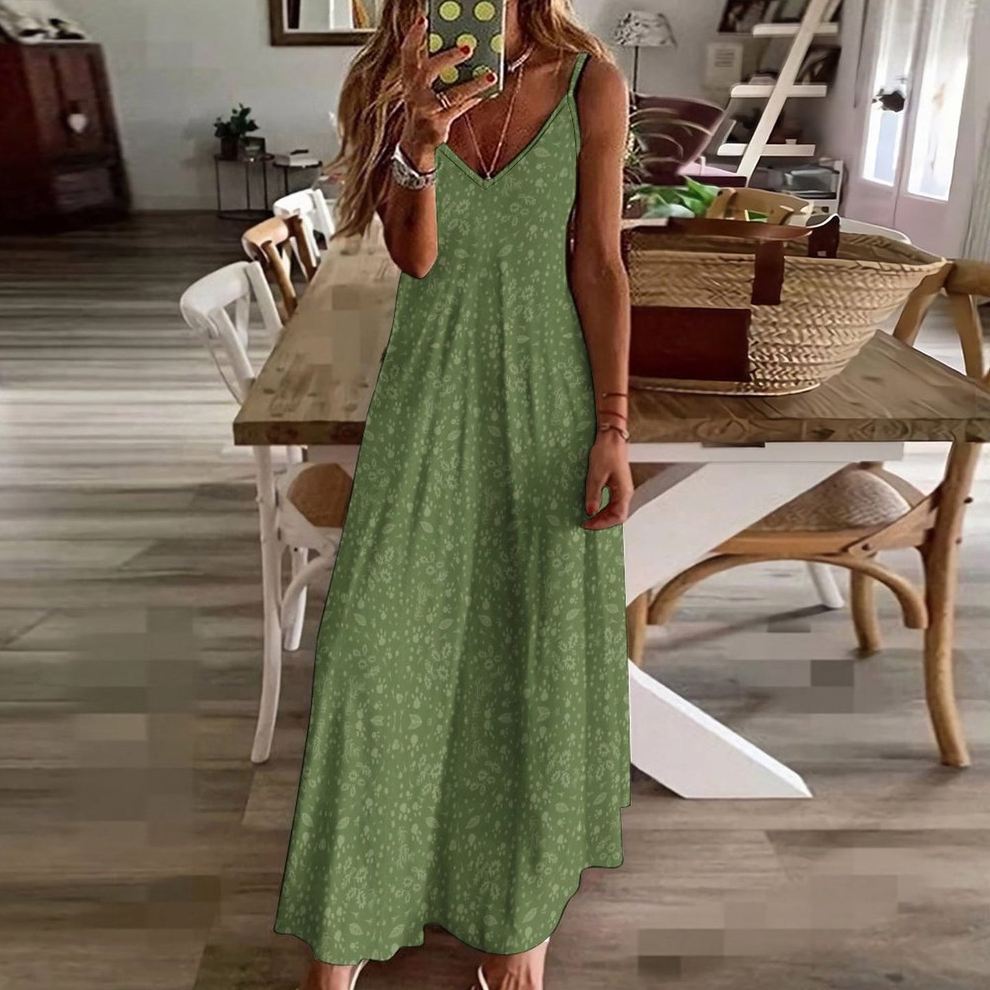 Green Floral Ankle-length Slip Dress BDQ (All-Over Printing)