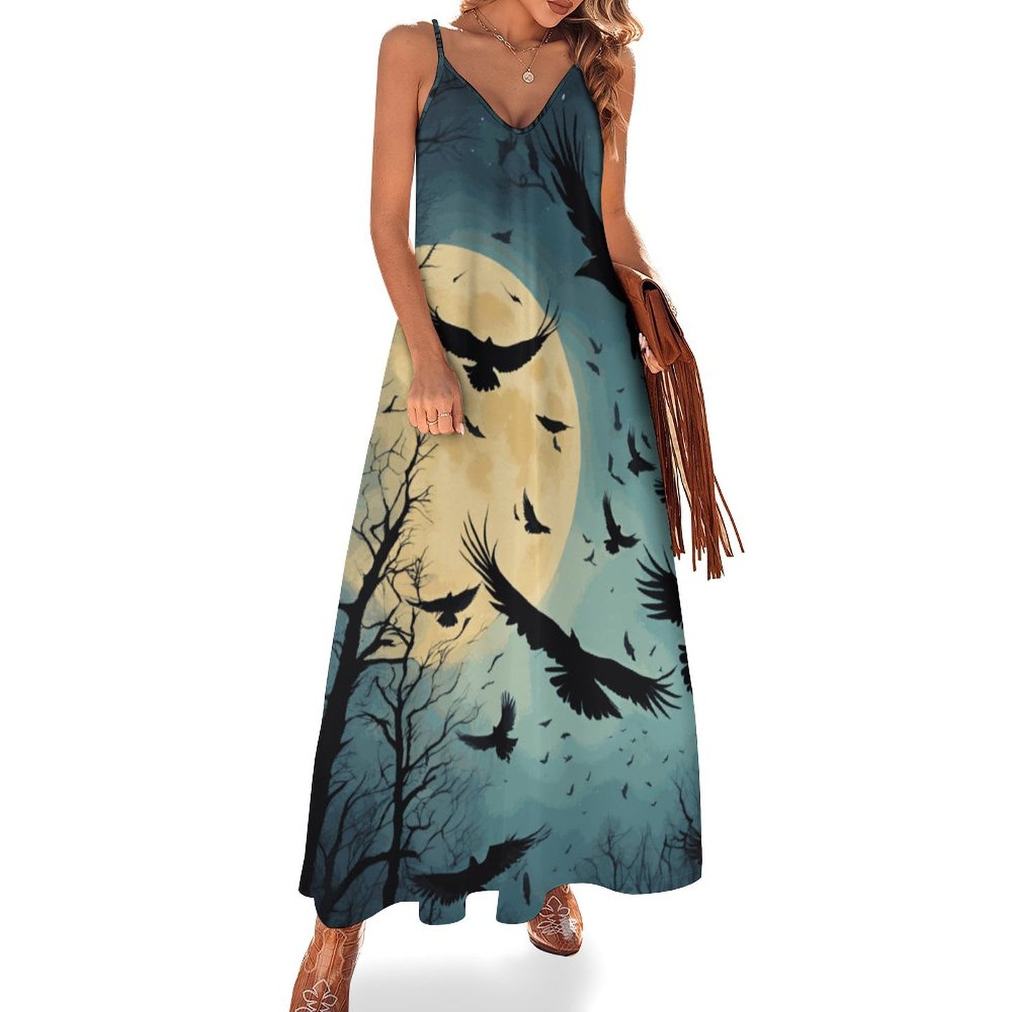 Midnight Crows Ankle-length Slip Dress BDQ (All-Over Printing)