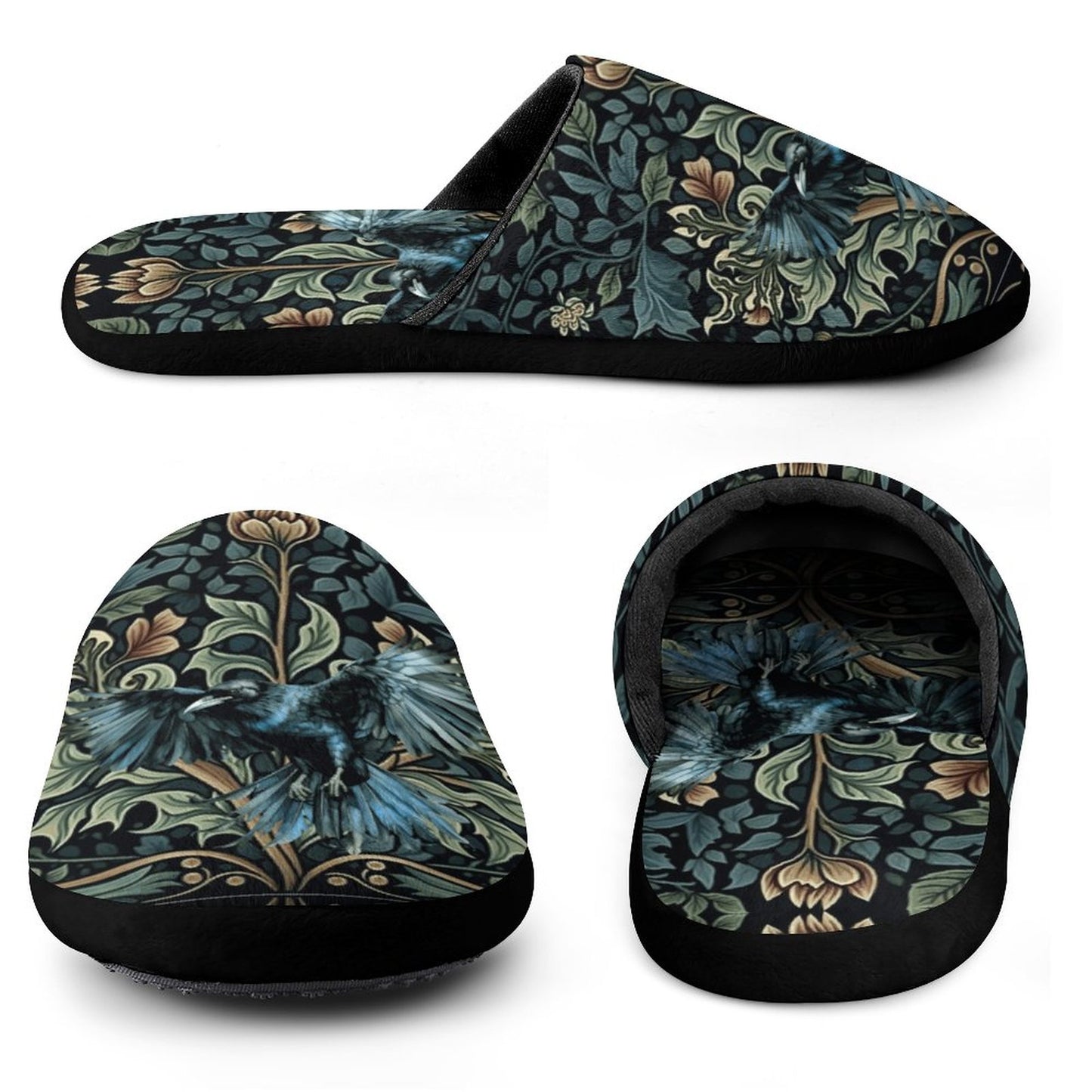 Crow in Green Flannel Ladies Cotton Slippers