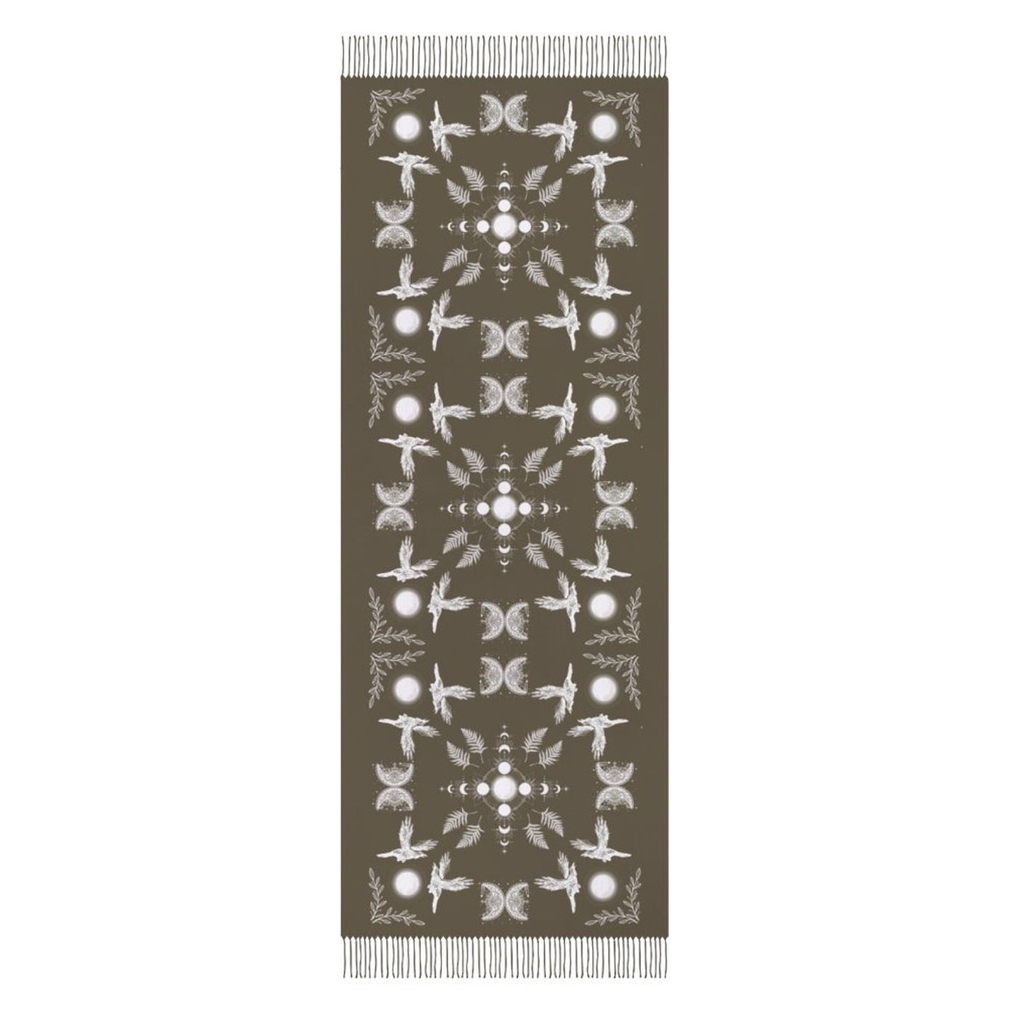Celestial Crows in French Roast Cashmere-like Tassel Scarf, Raven Gothic Shawl