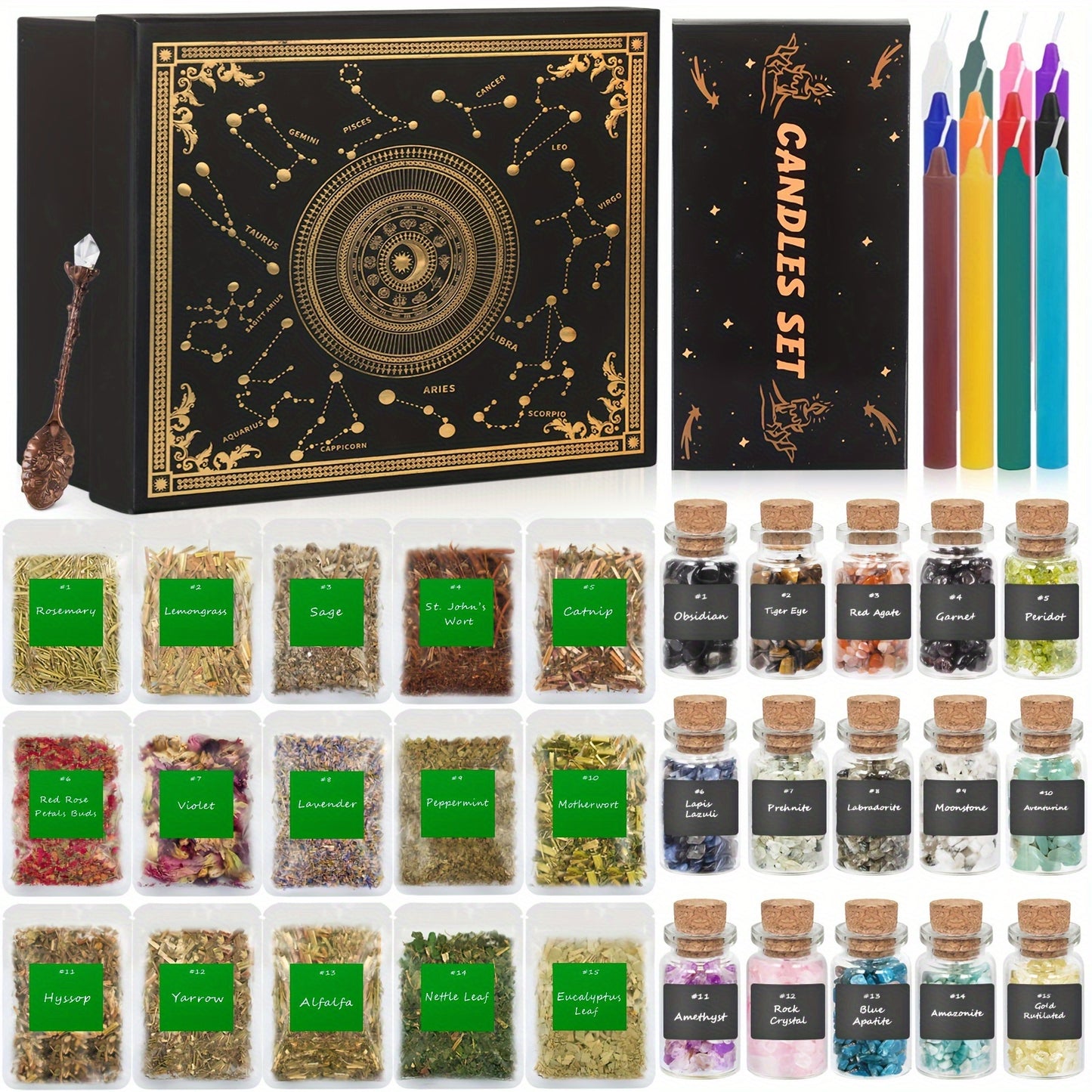 60Pcs Witchcraft Supplies Kit Box - Crystal Spoon For Meditation Divination