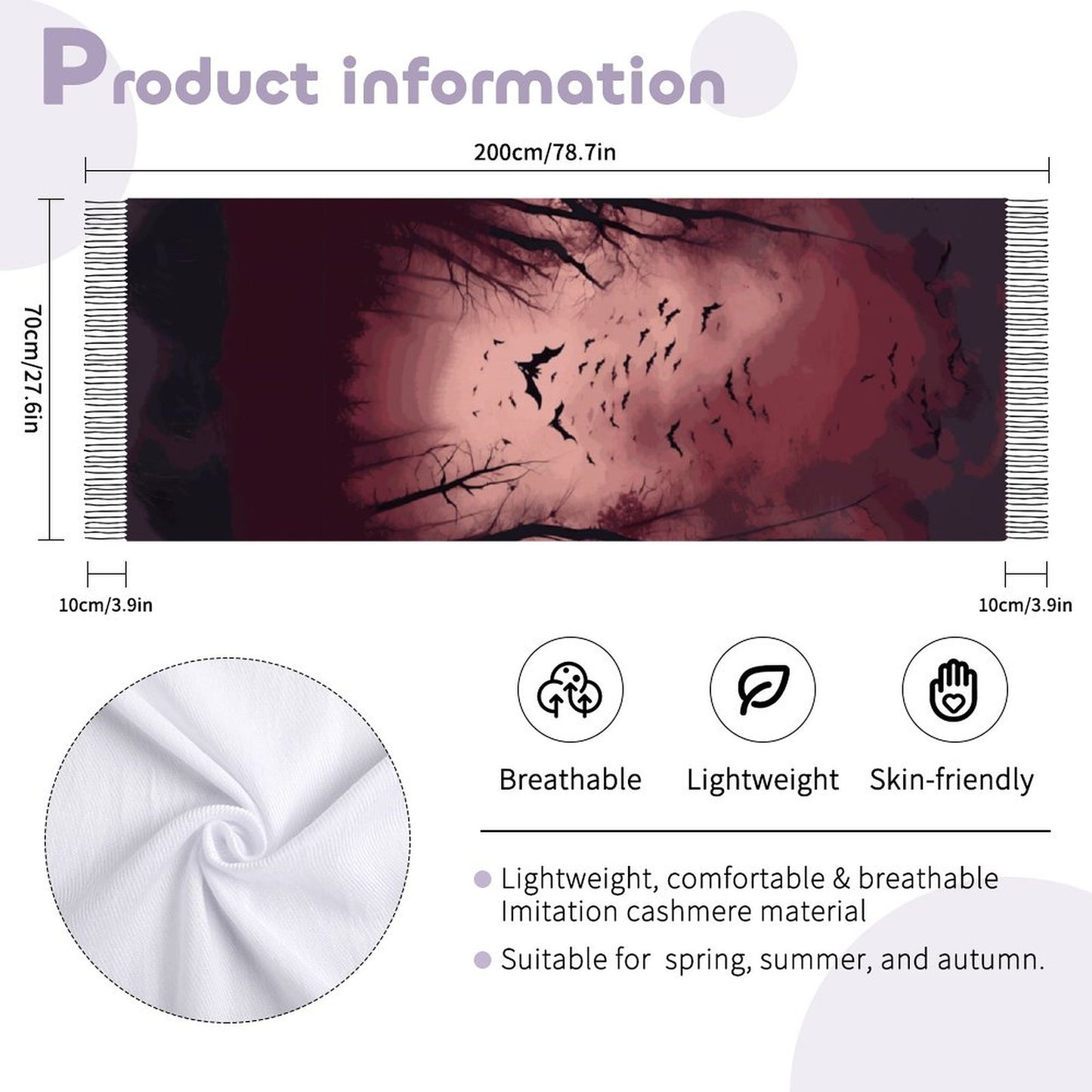 Cloud of Bats in Oxblood Forest Cashmere-like Tassel Scarf (All-Over Printing)