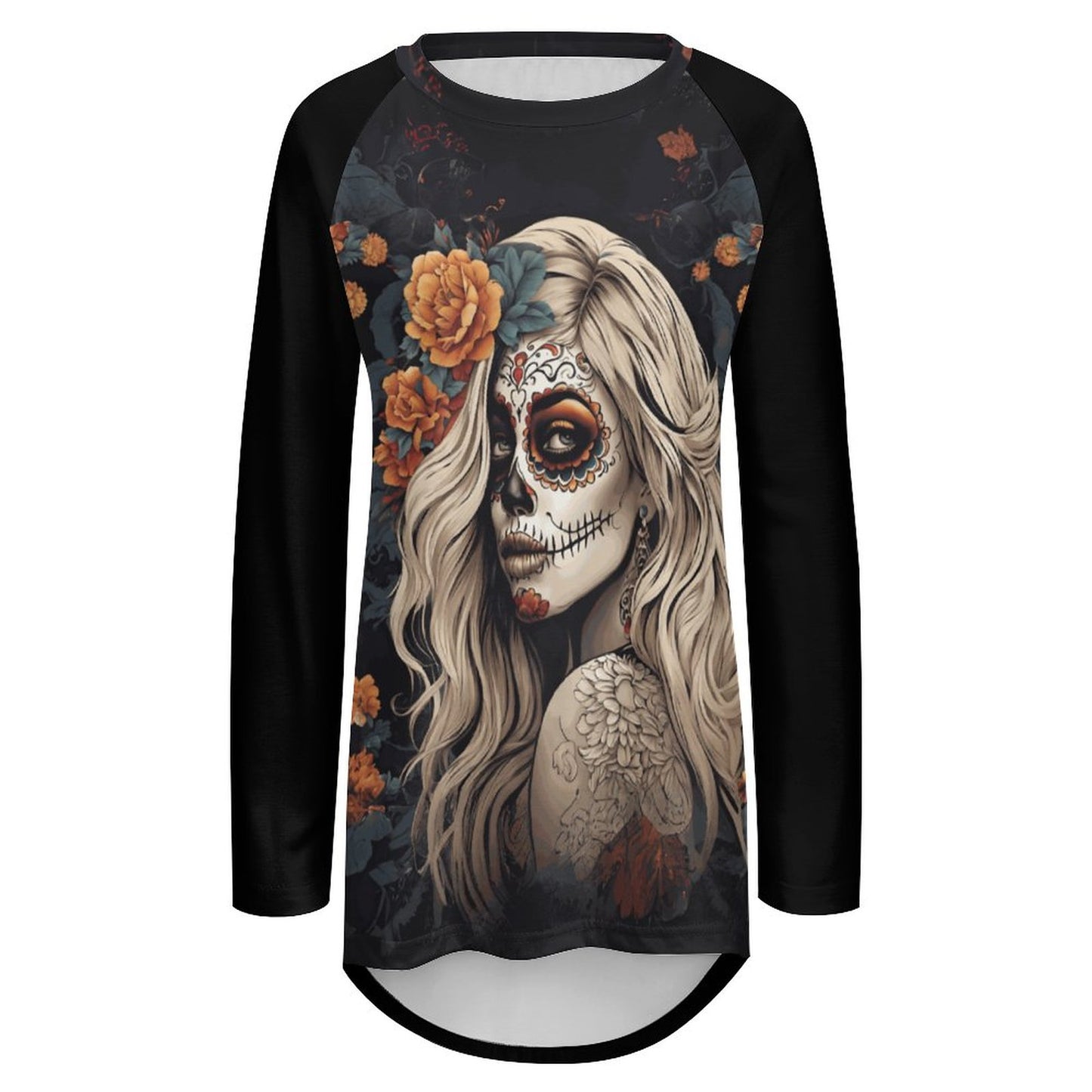 Day of the Dead Floral Custom Women's Long Sleeve U-Neck T-Shirts (All-Over Printing)