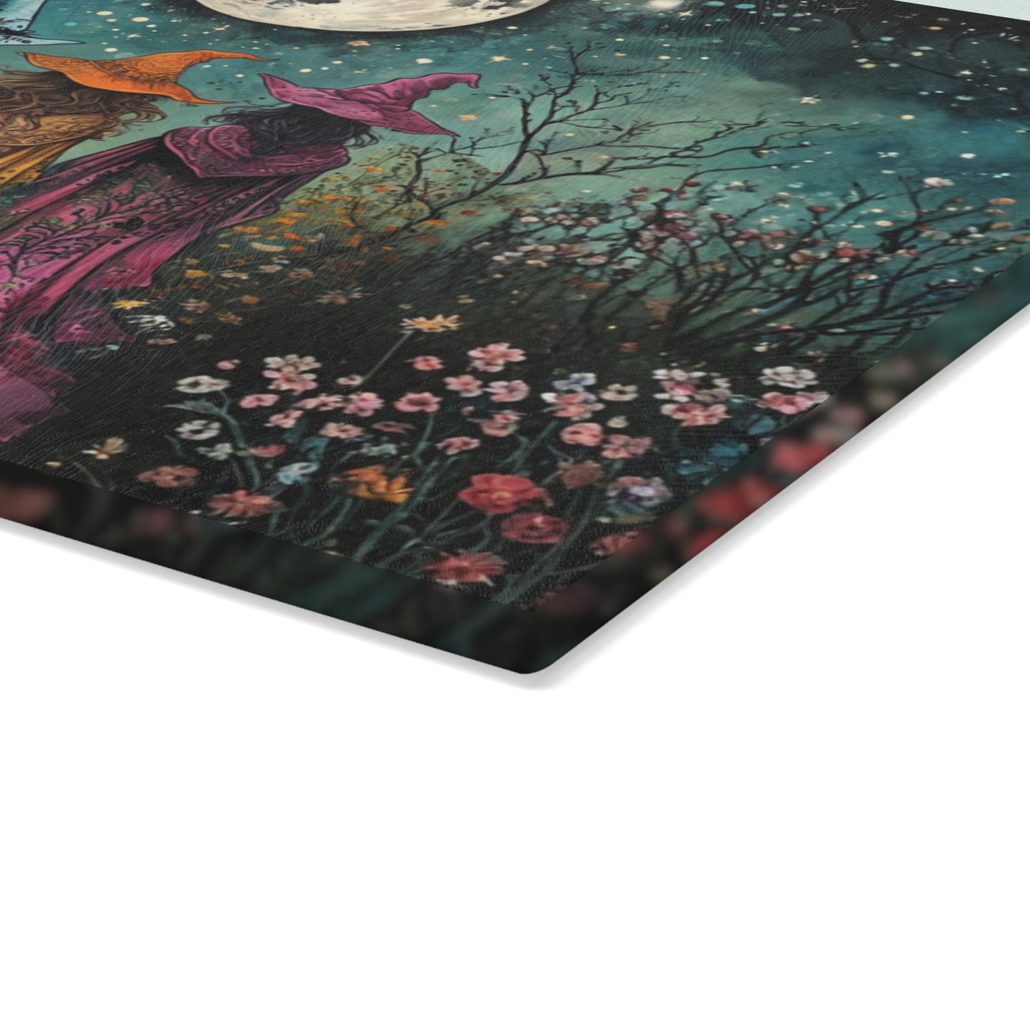 Three Witch Moonlight scene Glass Cutting Board | Pagan kitchen decor