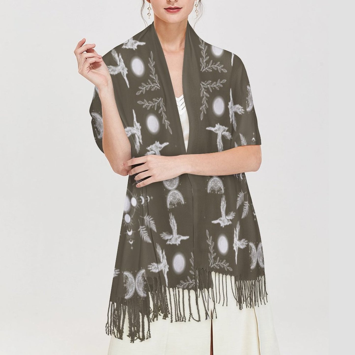 Celestial Crows in French Roast Cashmere-like Tassel Scarf, Raven Gothic Shawl