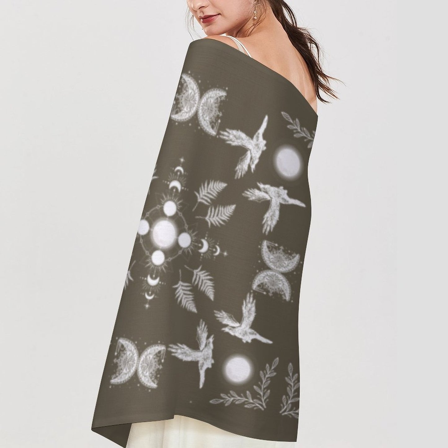 Celestial Crows in French Roast Cashmere-like Tassel Scarf, Raven Gothic Shawl