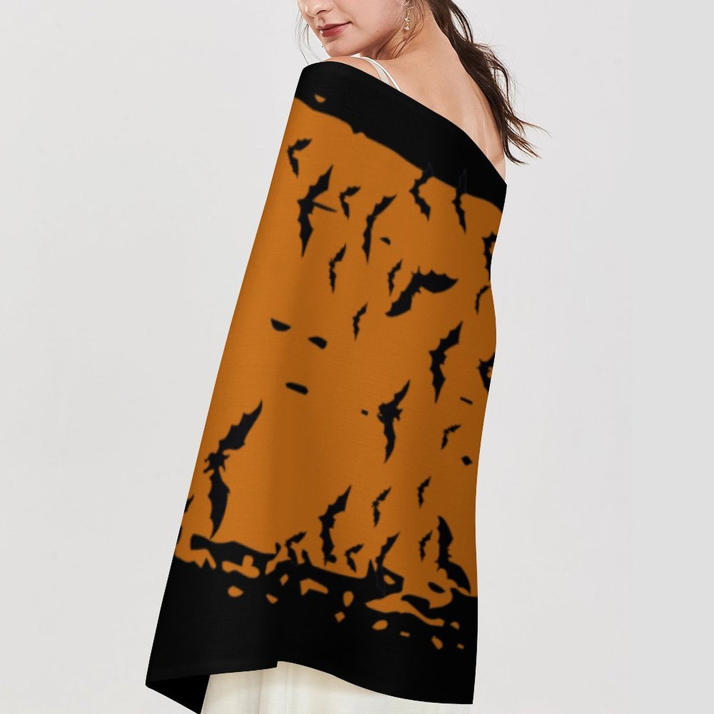 Cloud of Bats in Rust Cashmere-like Tassel Scarf (All-Over Printing)