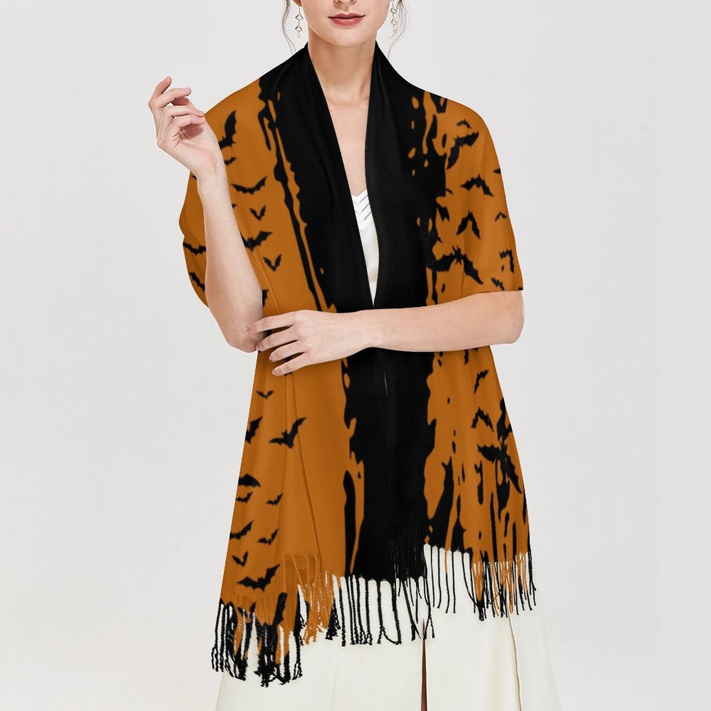 Cloud of Bats in Rust Cashmere-like Tassel Scarf (All-Over Printing)