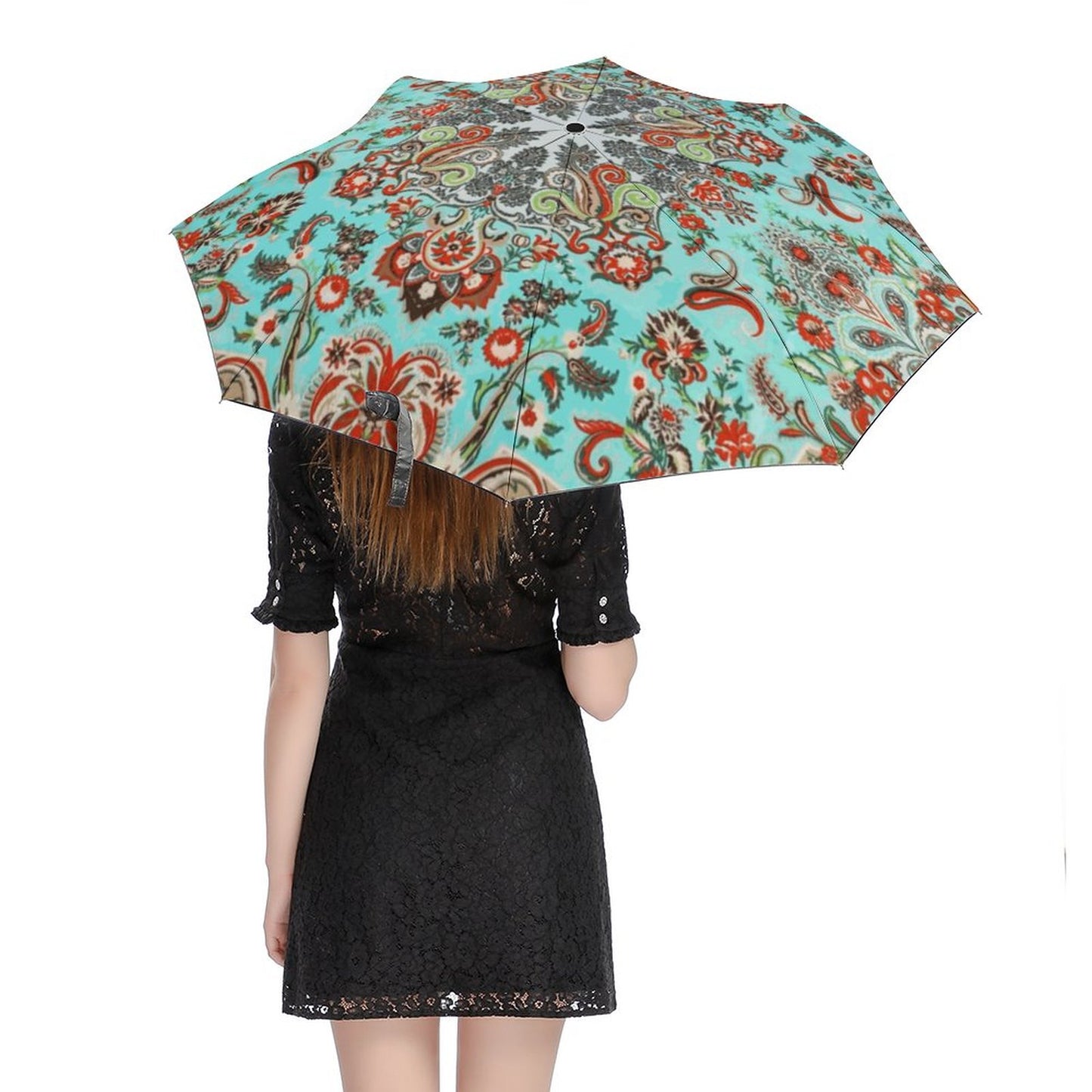 Turquoise Paisley Auto Umbrella with Printed Pattern Outside ZYS03-8K