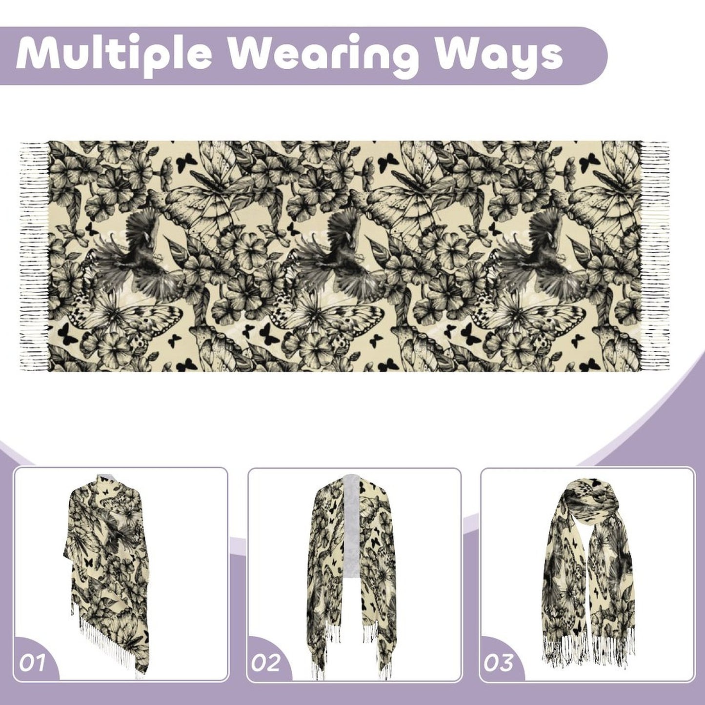 Crows in Flight Cashmere-like Tassel Scarf (All-Over Printing)