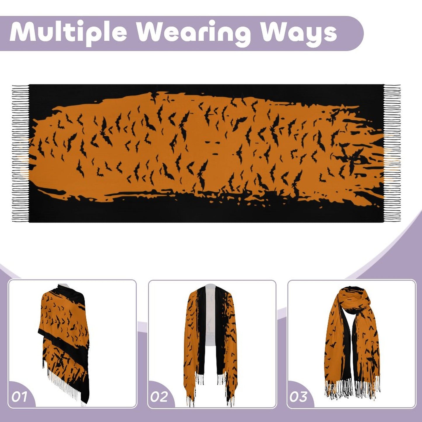 Cloud of Bats in Rust Cashmere-like Tassel Scarf (All-Over Printing)