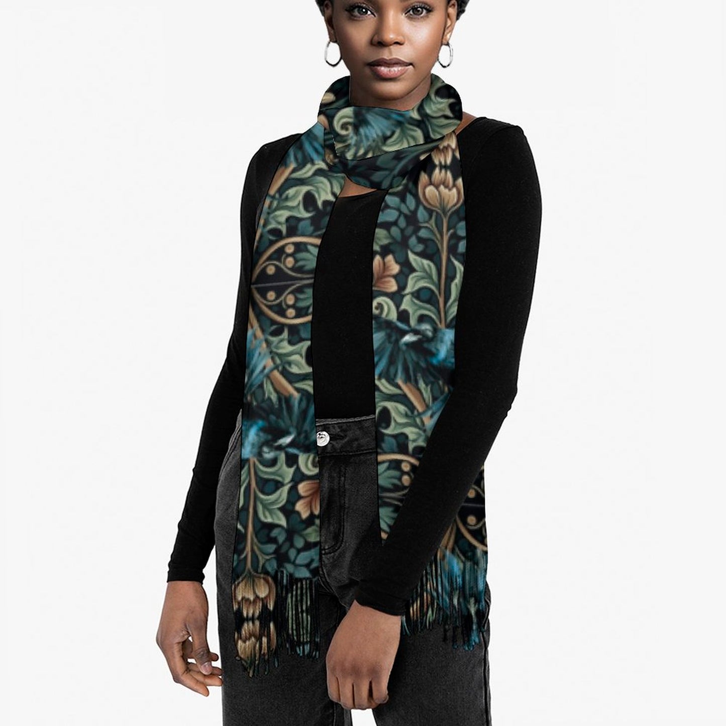 William Morris Inspired Crow Cashmere-like Tassel Scarf (All-Over Printing)