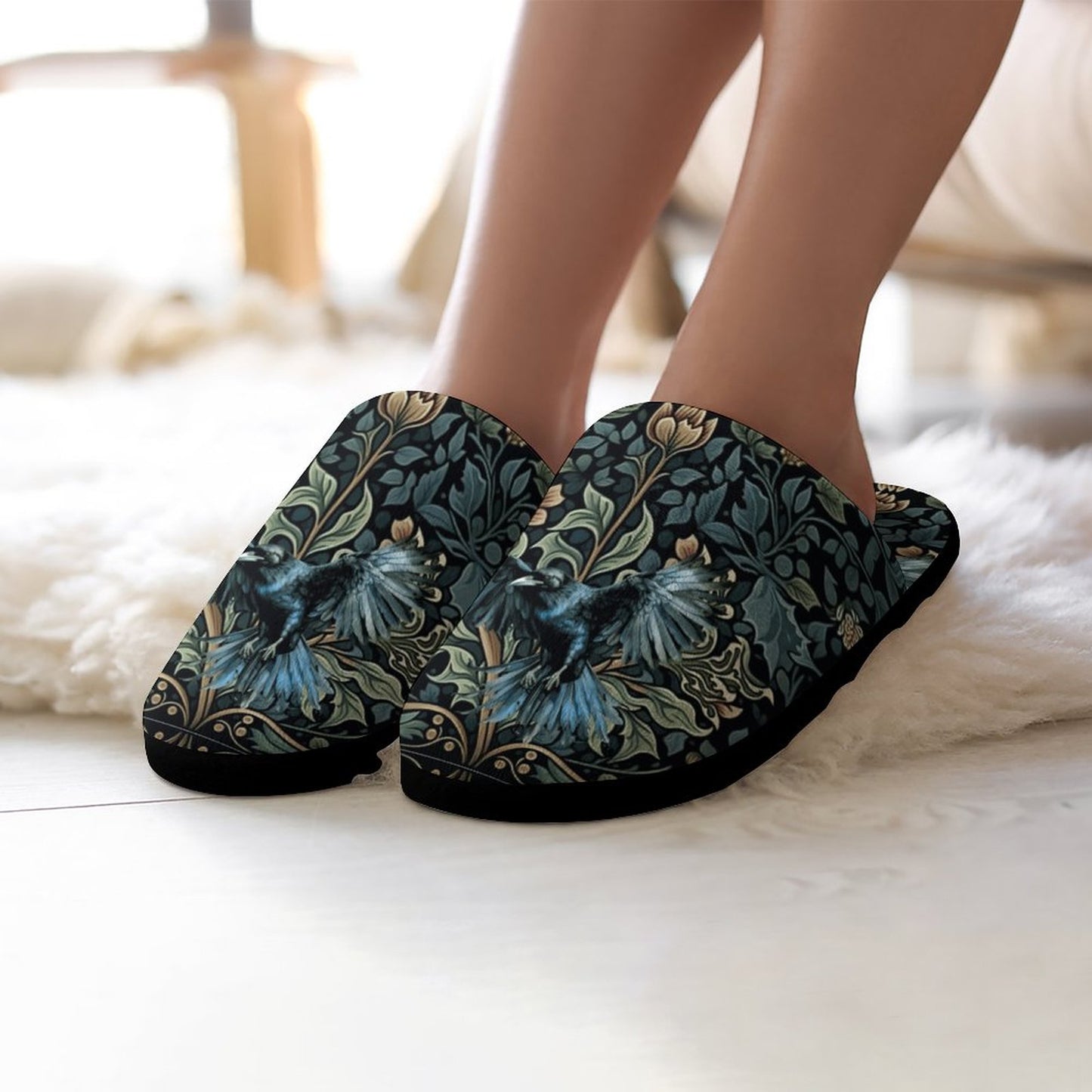 Crow in Green Flannel Ladies Cotton Slippers