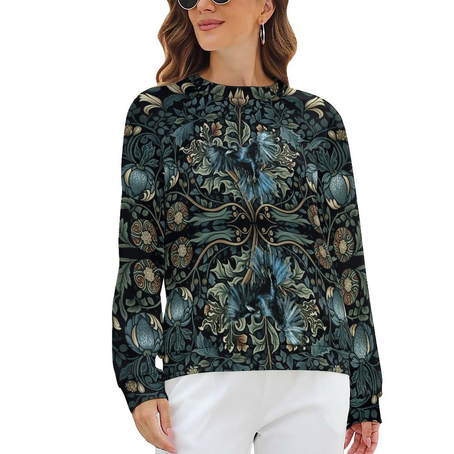 William Morris Inspired Crow in Greenery 280gsm Custom Sweatshirt Designs Raglan Style RHDEC2 (All-Over Printing)