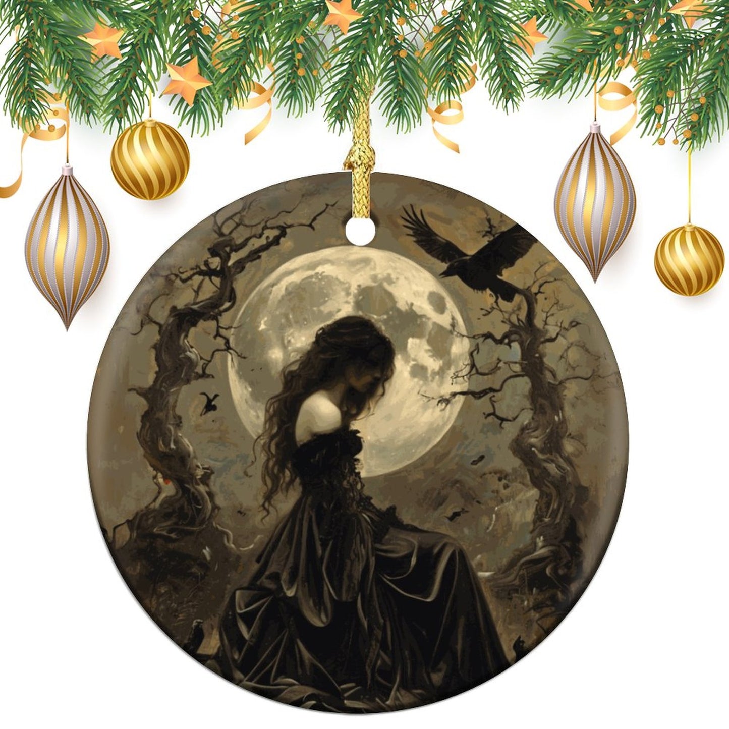 Morrigan Irish Goddess Round Christmas Ceramic Ornament (Glossy Surface)