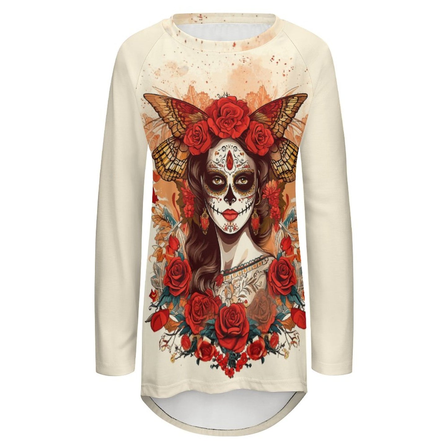 Long-sleeve shirt with a colorful design of a woman with a skull makeup and roses on a beige background