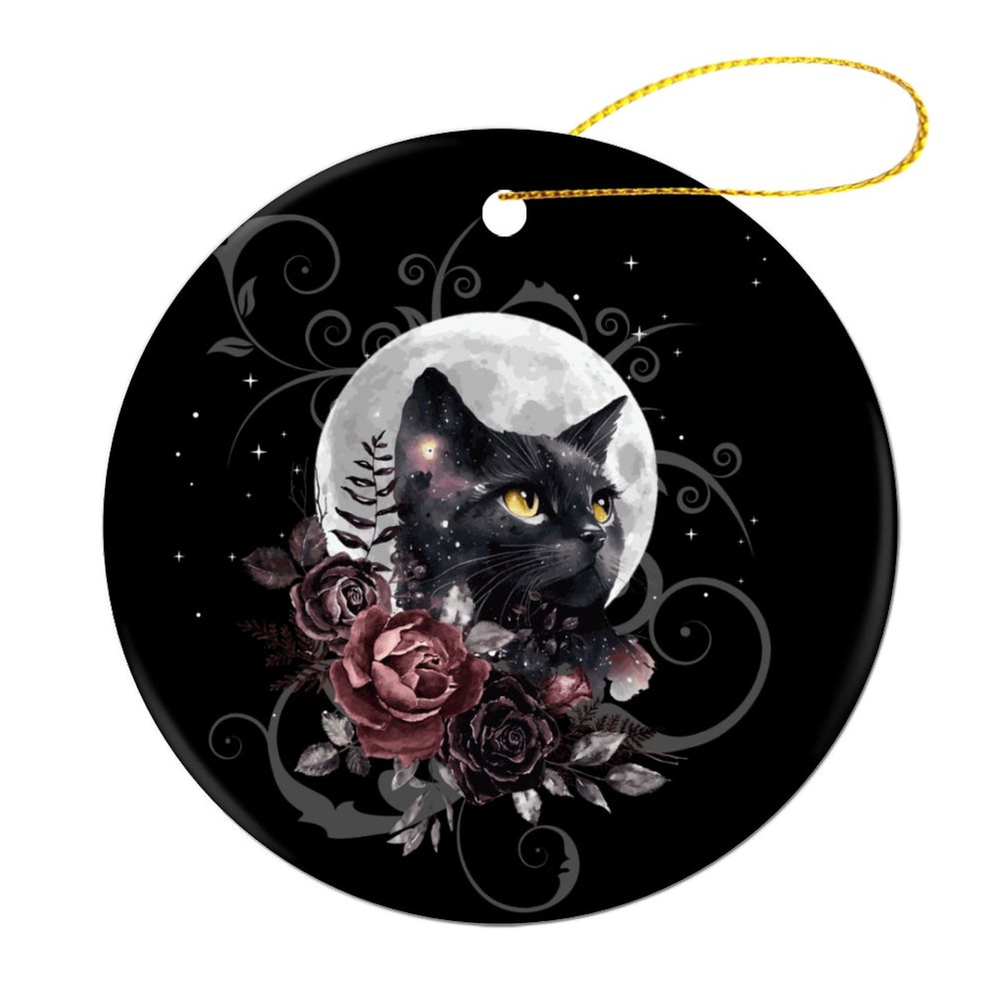 Black Cat Tarot Christmas Ceramic Ornament for Pagan holidays, featuring witch and Yule décor themes, enhance the dark cottagecore aesthetic
