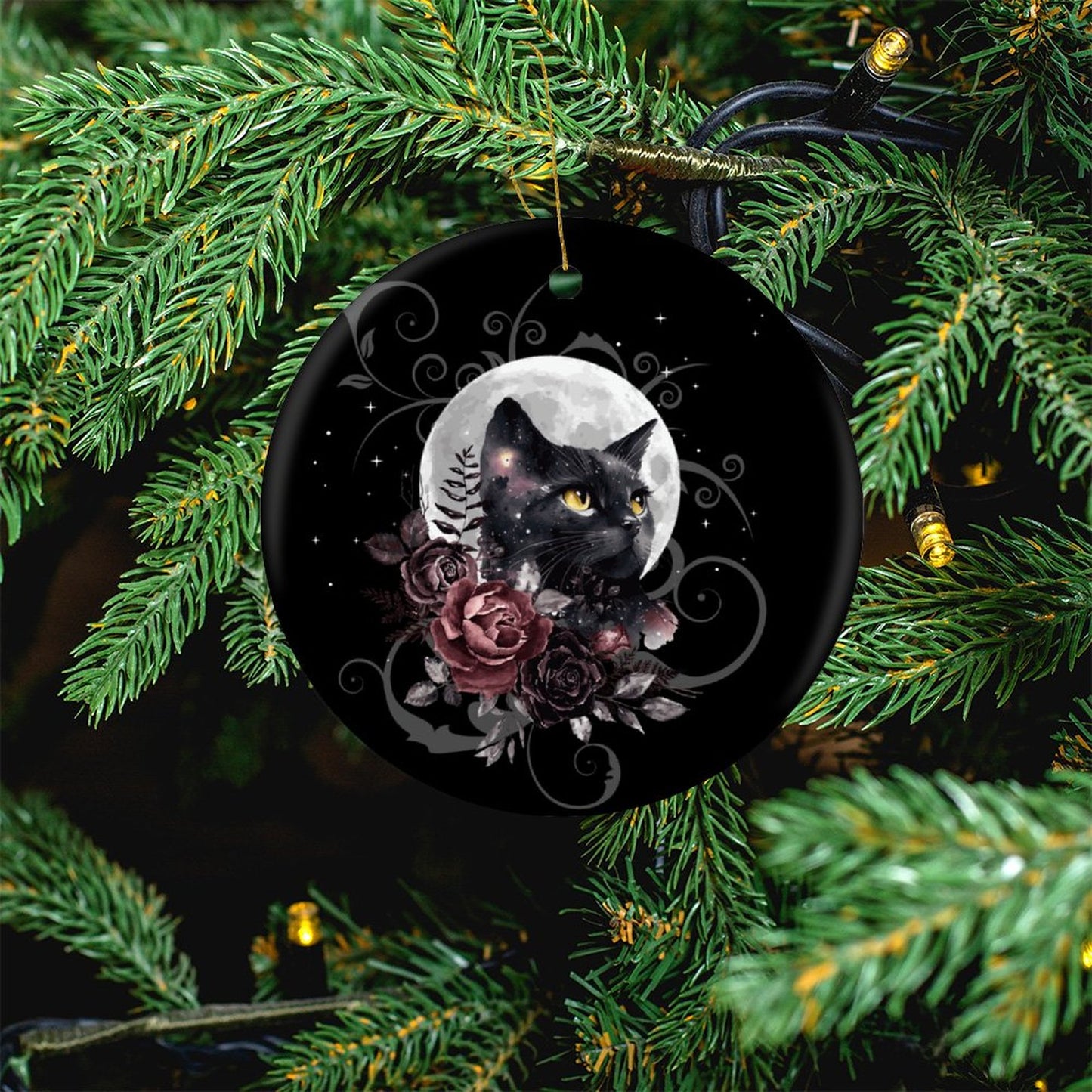 Black Cat Tarot Christmas Ceramic Ornament for Pagan holidays, featuring witch and Yule décor themes, enhance the dark cottagecore aesthetic